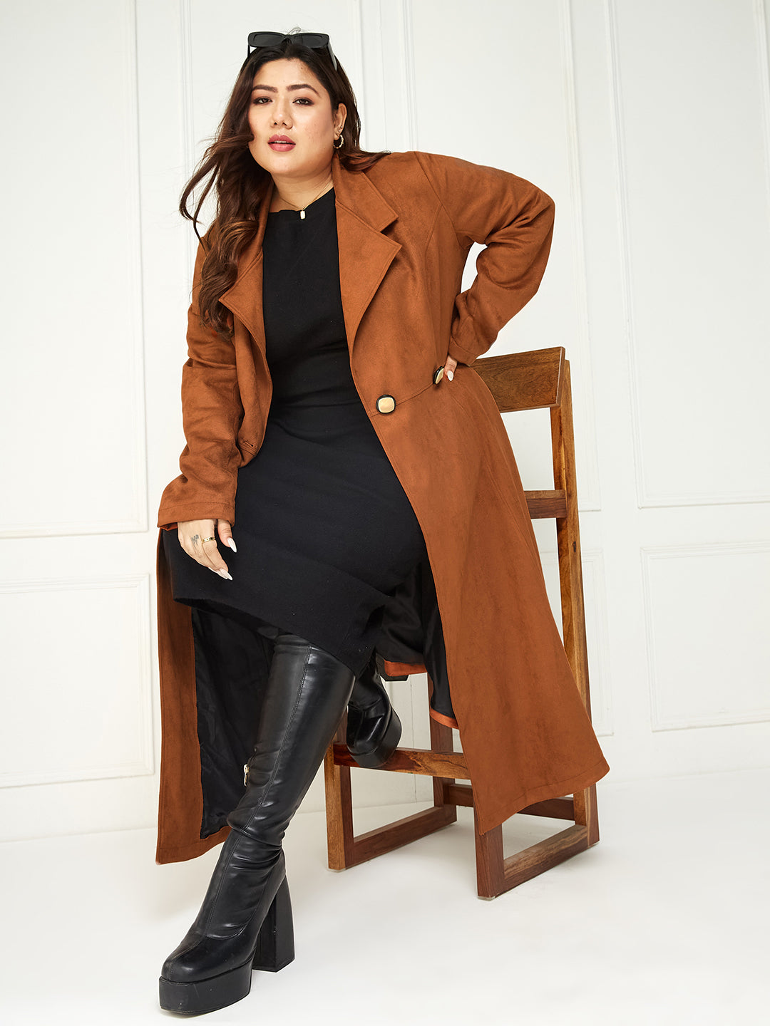 Women's Brown Solid V-Neck Full Sleeves Side Pocketed Polyester Double Breasted Longline Jacket