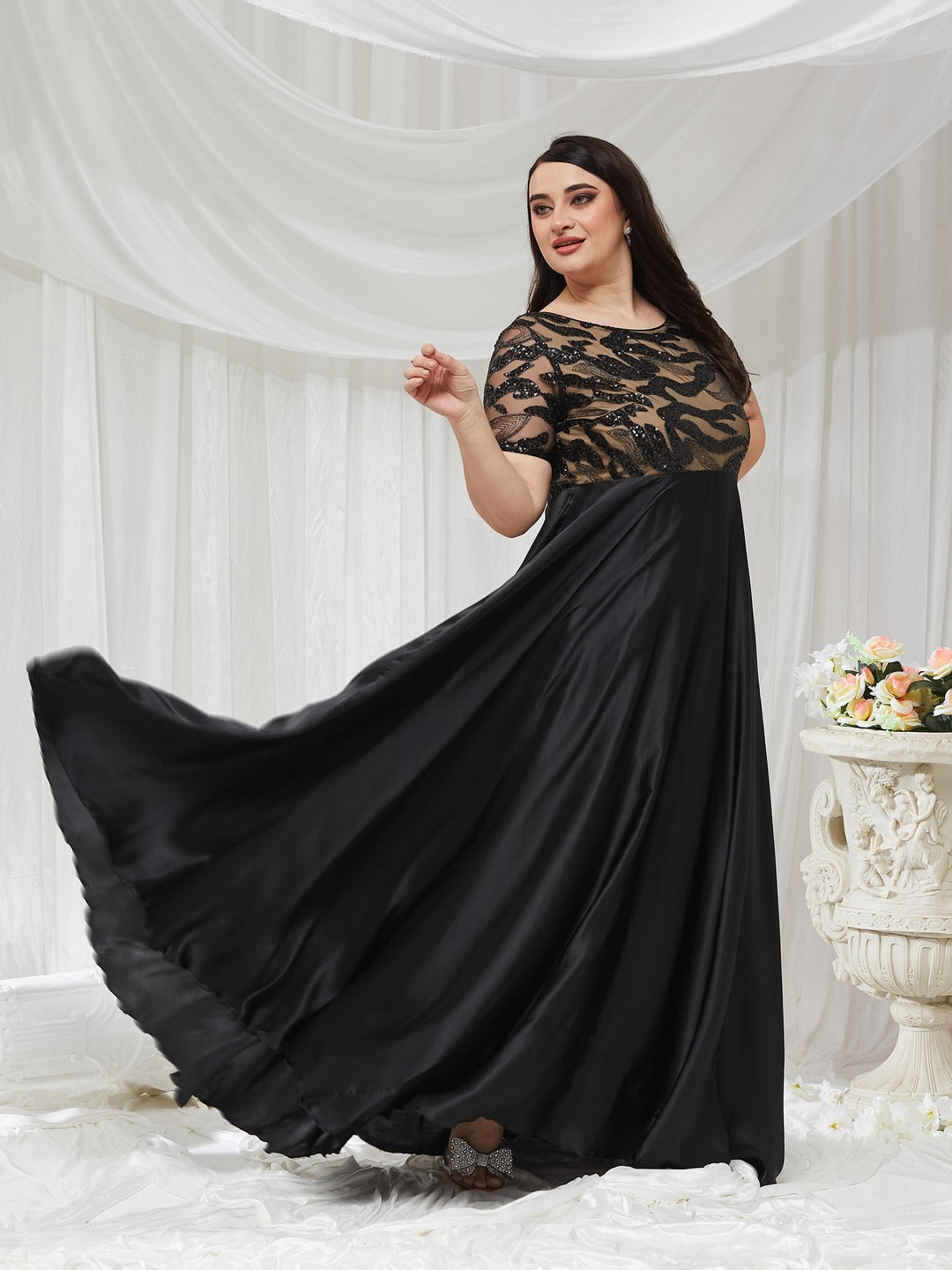 Black Boat-Neck Short Sleeve Abstract Fit and Flare Satin Maxi Dress for Women