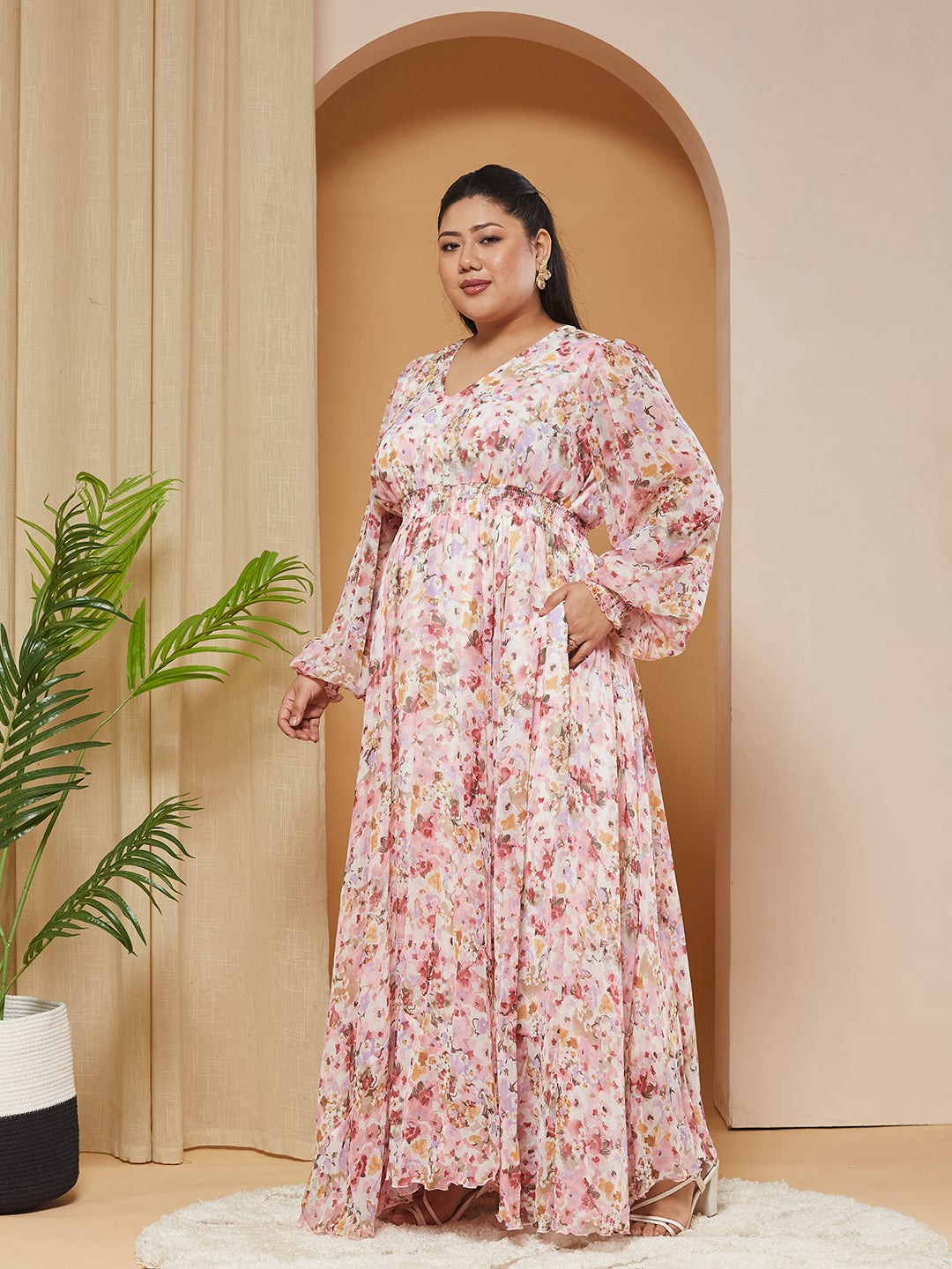 Multicolored-Base-Pink V-Neck Smocked Bishop-Sleeves Floral Gathered Chiffon Maxi Dress for Women