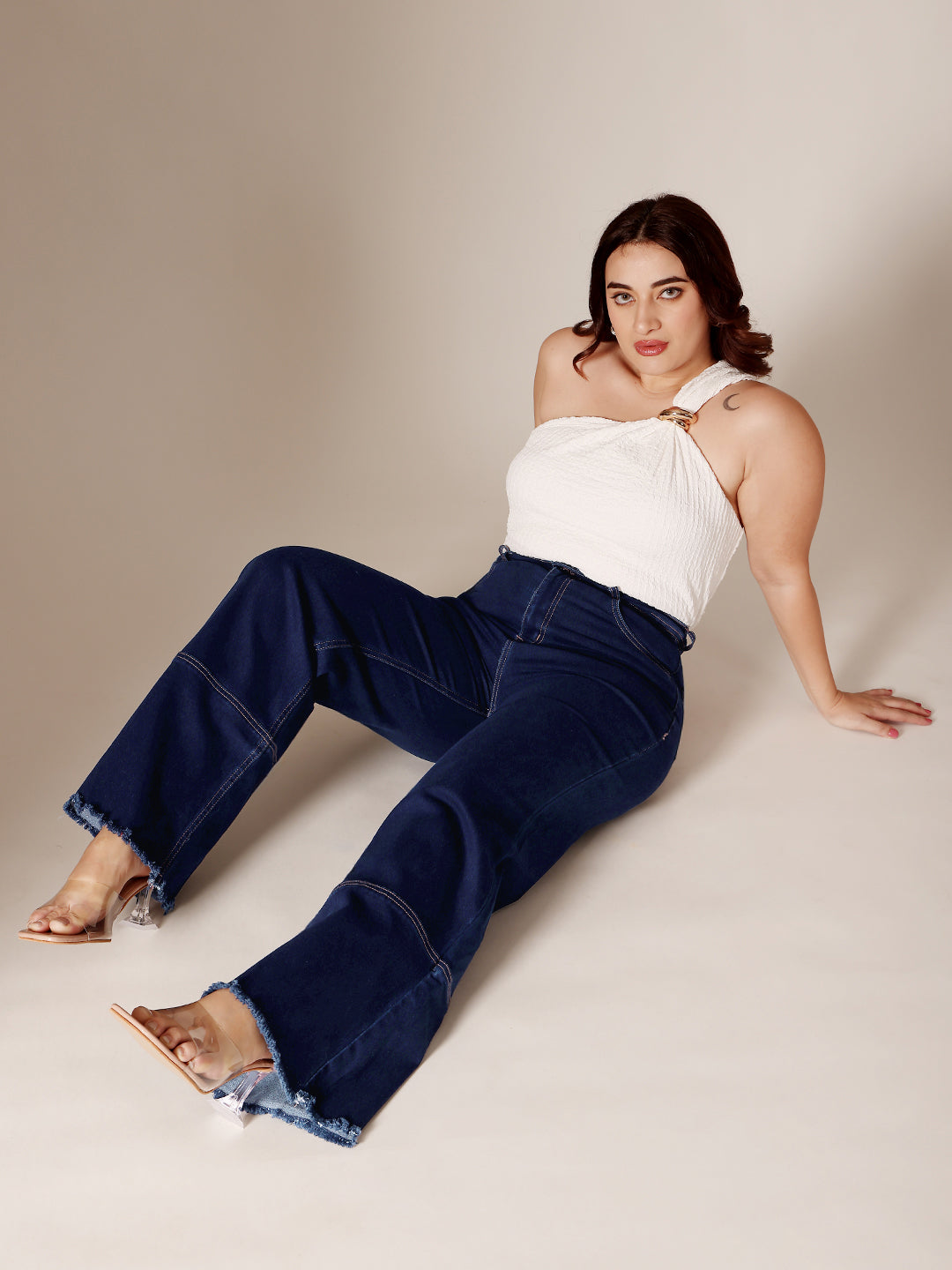 24/7 Comfort Navy Blue Wide Leg High Rise Clean Look Regular-Length Stretchable Denim Jeans for Women