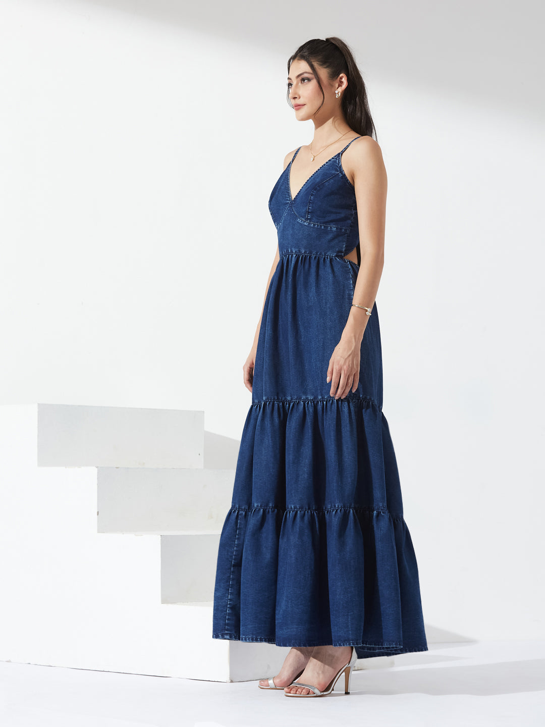 Navy Blue Sweet Heart Sleeveless Solid Tiered Tie Up Maxi Dress Maxi Navy Blue Dress For Women