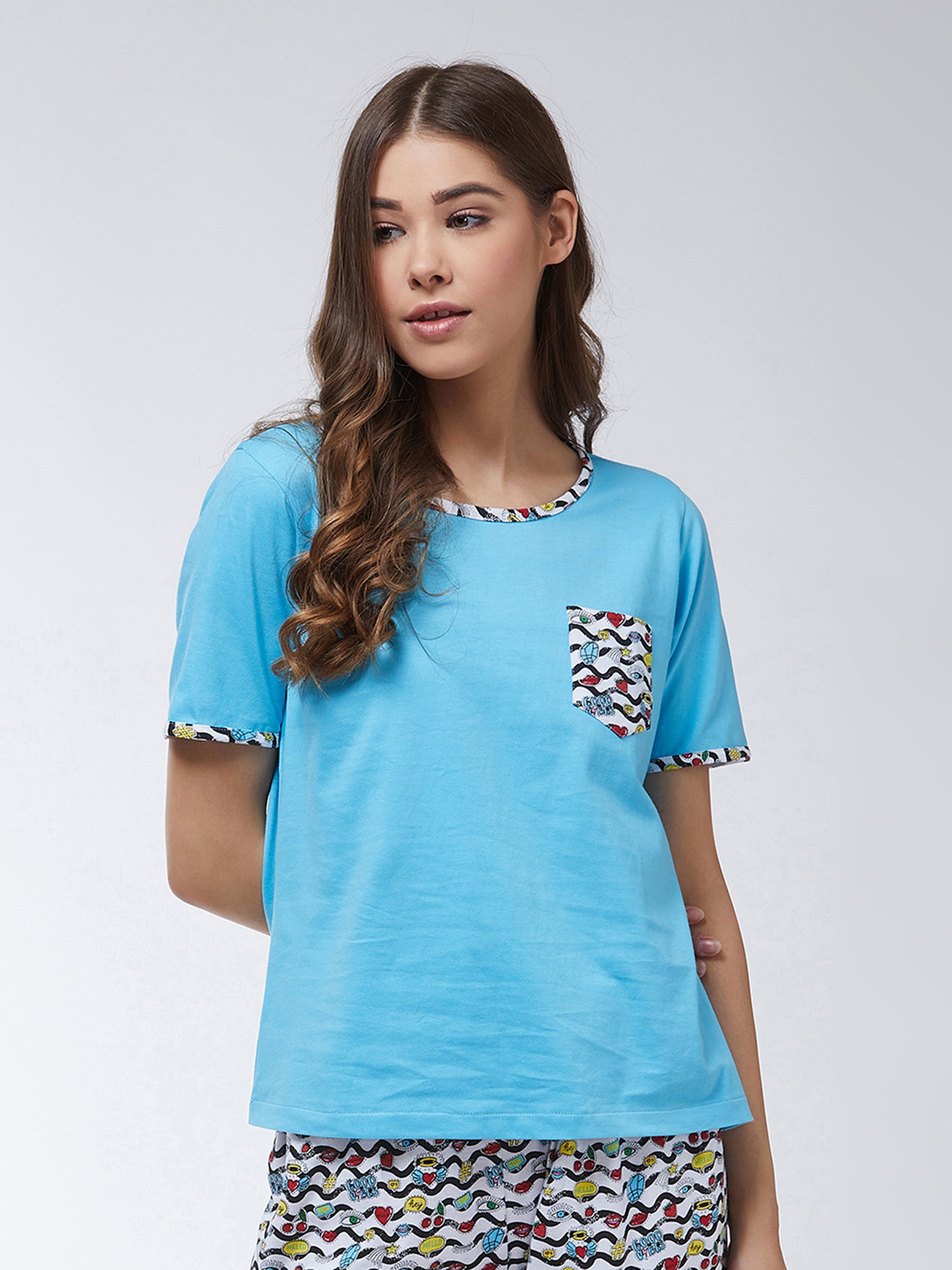 Women's Blue Round Neck Short Sleeves Printed Regular length T-shirt