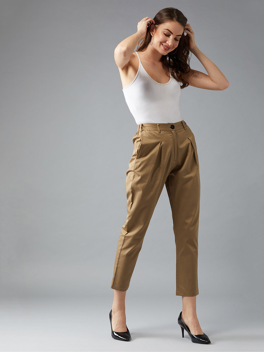 Women's Olive Green Solid Pleated Regular Length Pant
