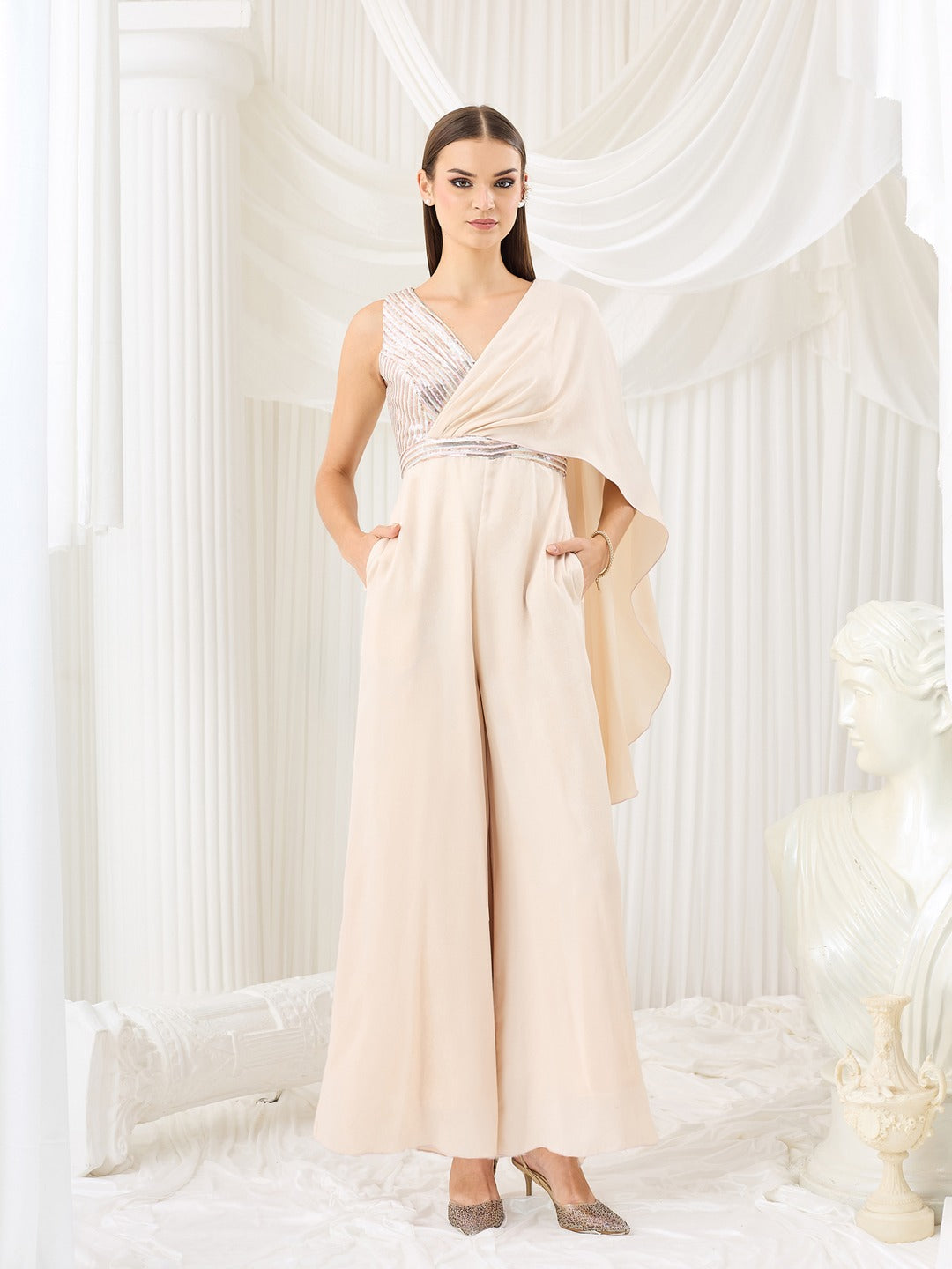 Ivory V-Neck Jumpsuit in Embellished Pleated Luxe Satin for Women