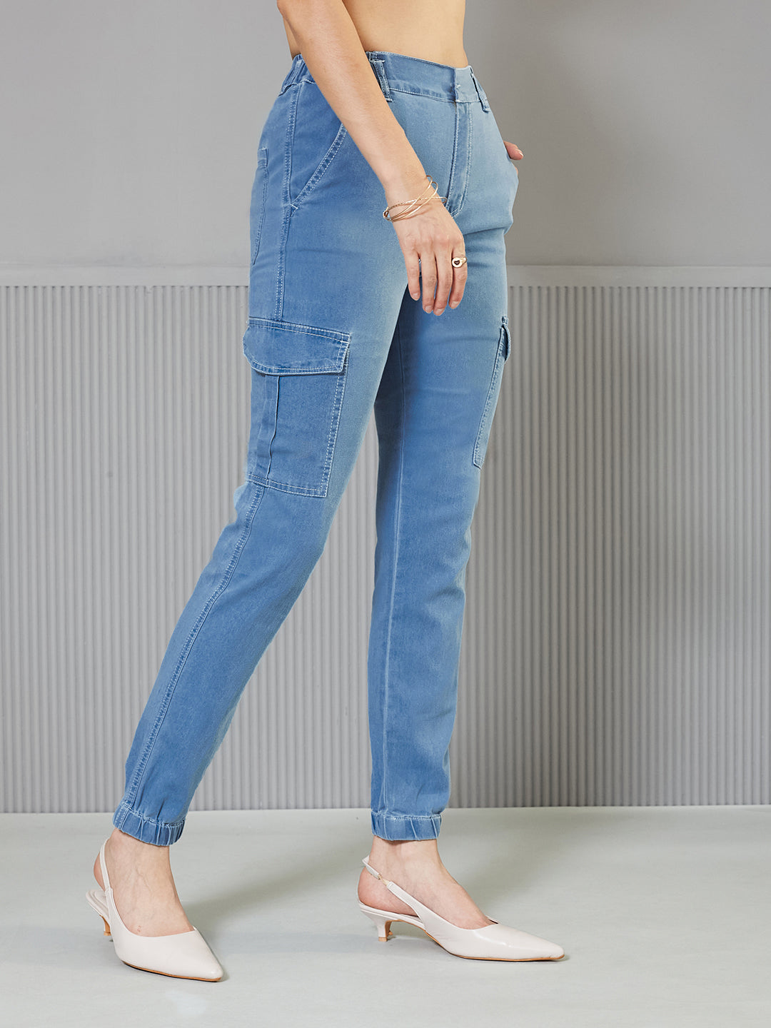 Women's Light Blue Regular High-Rise clean-look Regular Stretchable Light Weight Denim joggers