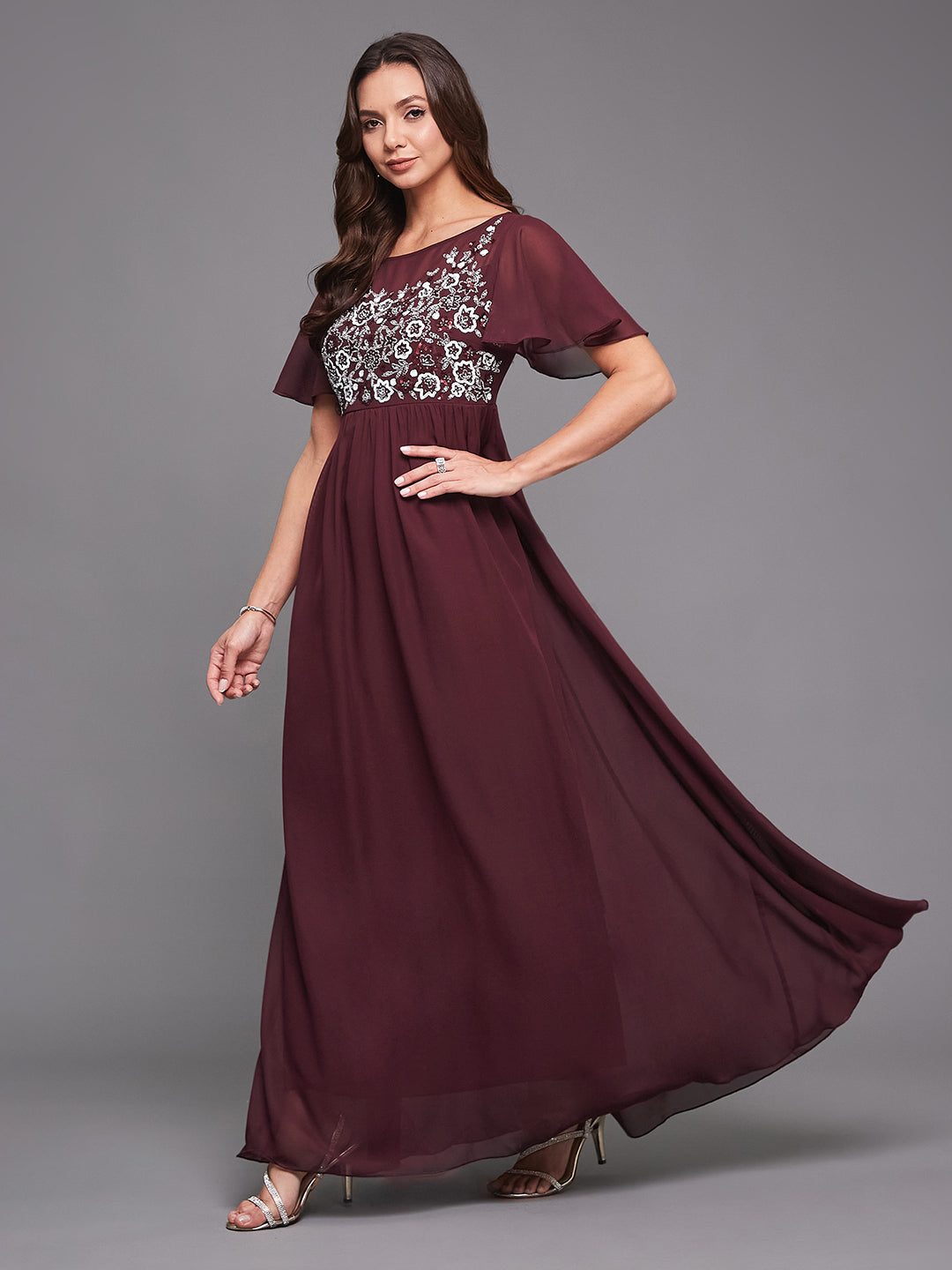 Women's Wine Boat Neck Half Sleeve Solid Embellished Georgette Maxi Dress