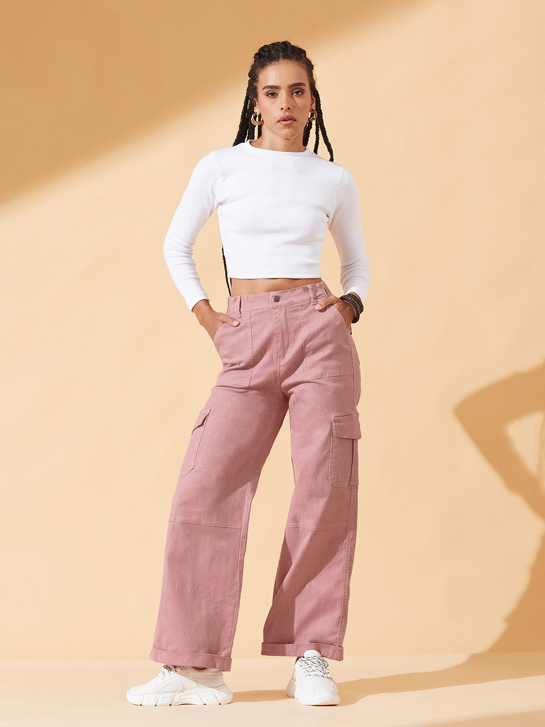Rose Pink Wide-Leg High-Rise Stretchable Denim Pants For Women