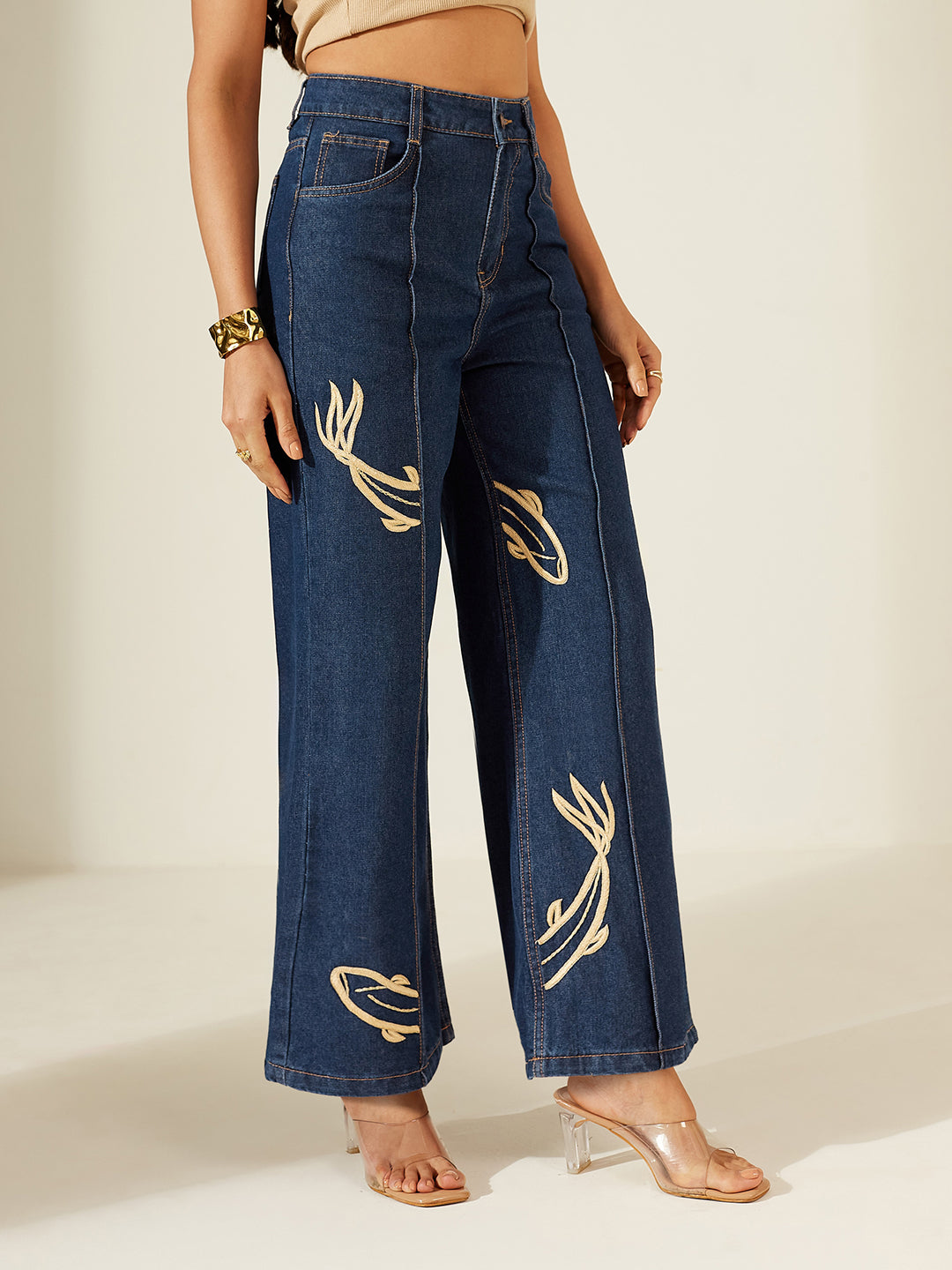 Navy Blue Wide-Leg High-Rise Non-Stretchable Denim Jeans with Hand-Crafted Contrast Beige Embroidery for Women
