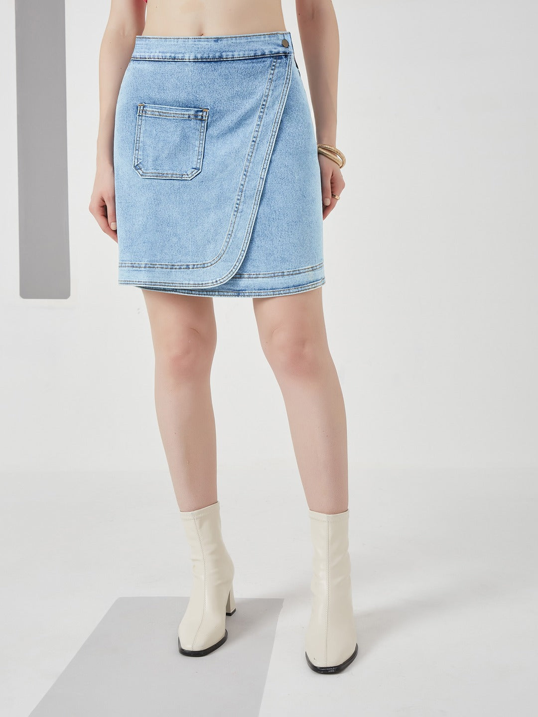 Light Blue Regular high-rise Above Knee Stretchable Denim Skirt for Women