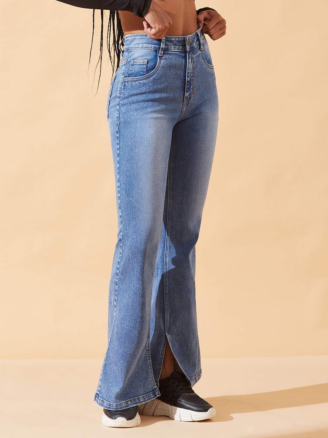 Blue Bootcut Mid-Rise Inseam Slit Heavy Wash Stretchable Denim Jeans For Women