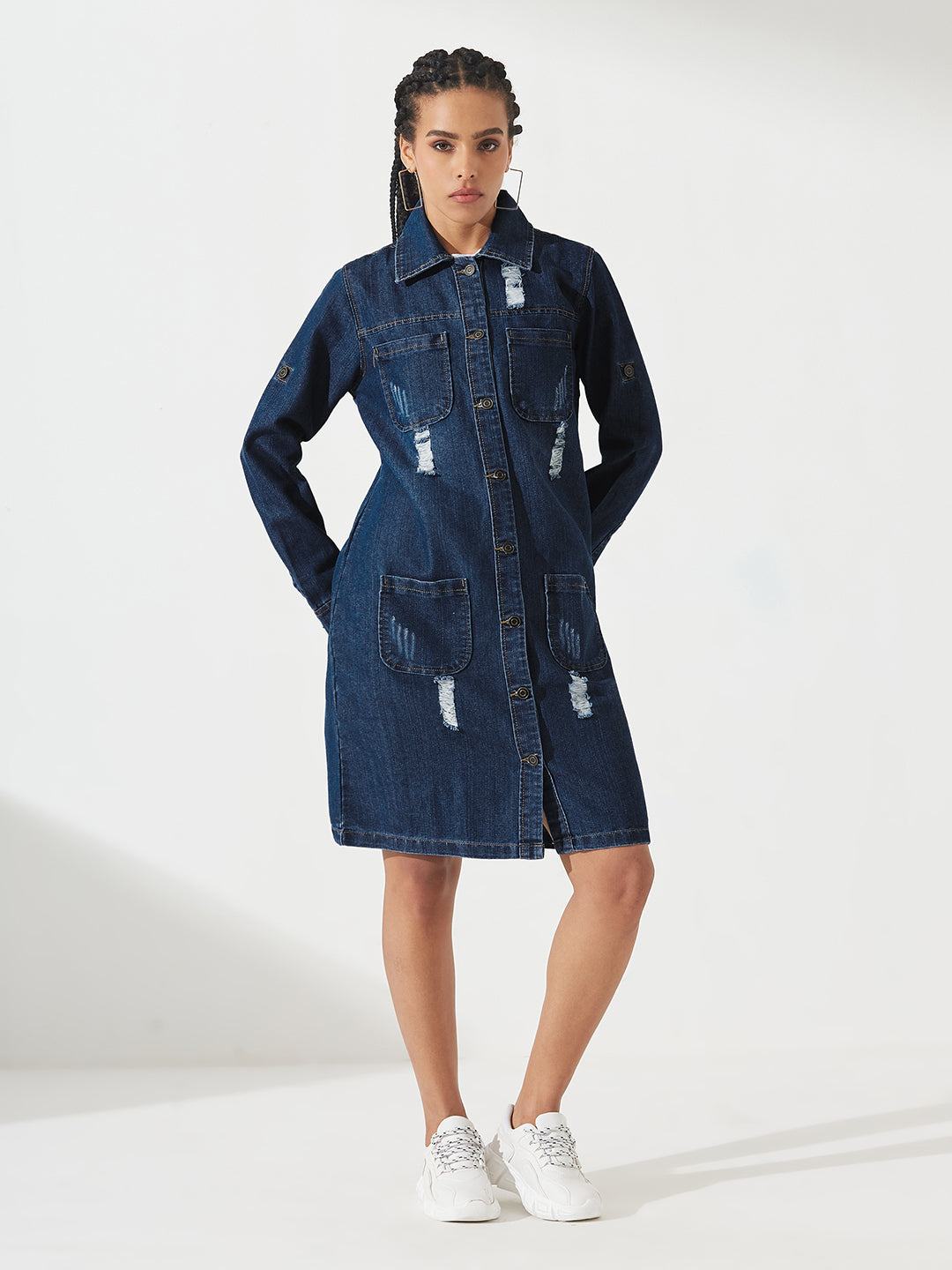 Navy-Blue Solid Polo Neck Full Sleeves Patch Pocket Denim Overcoat Knee-Length Jacket for Women