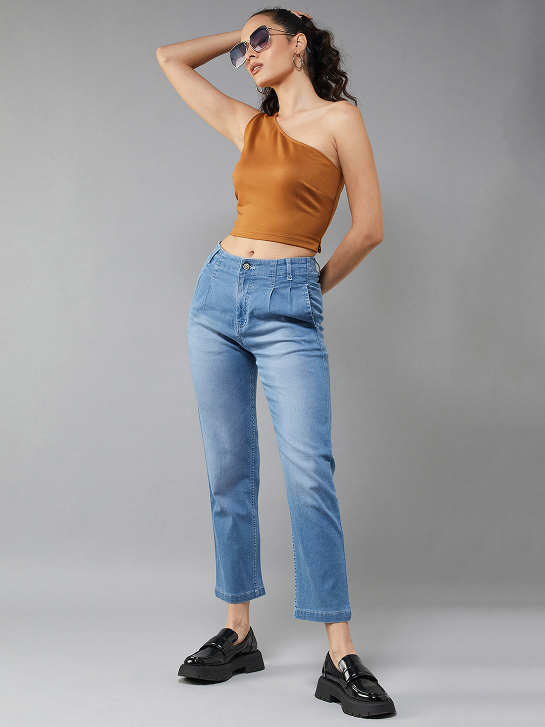 24/7 Comfort Mid Blue Straight High Rise Stretchable Denim Jeans