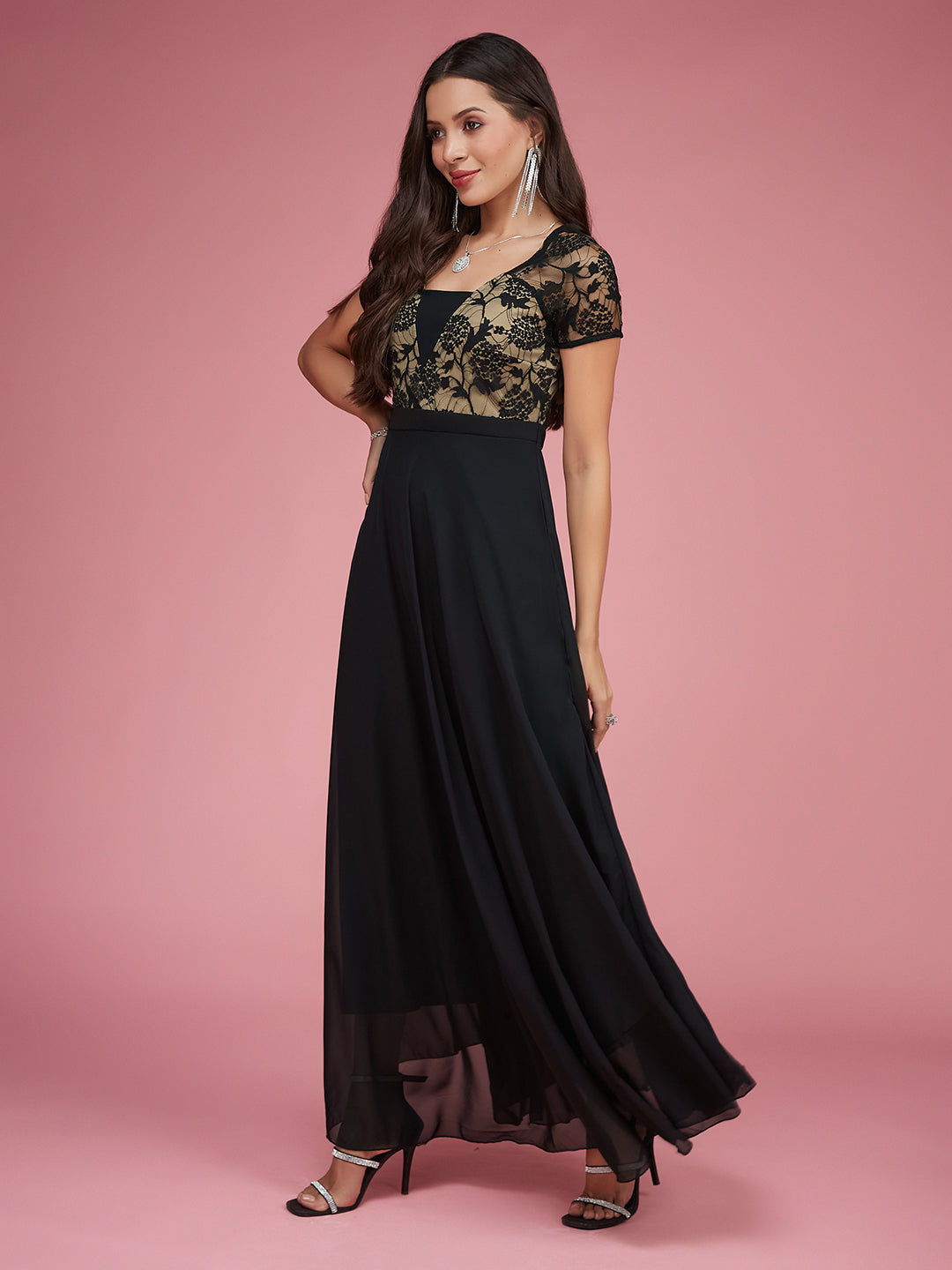 Women's Black Square Neck Raglan Short Sleeve Self Design Lace Overlaid Georgette Maxi Dress