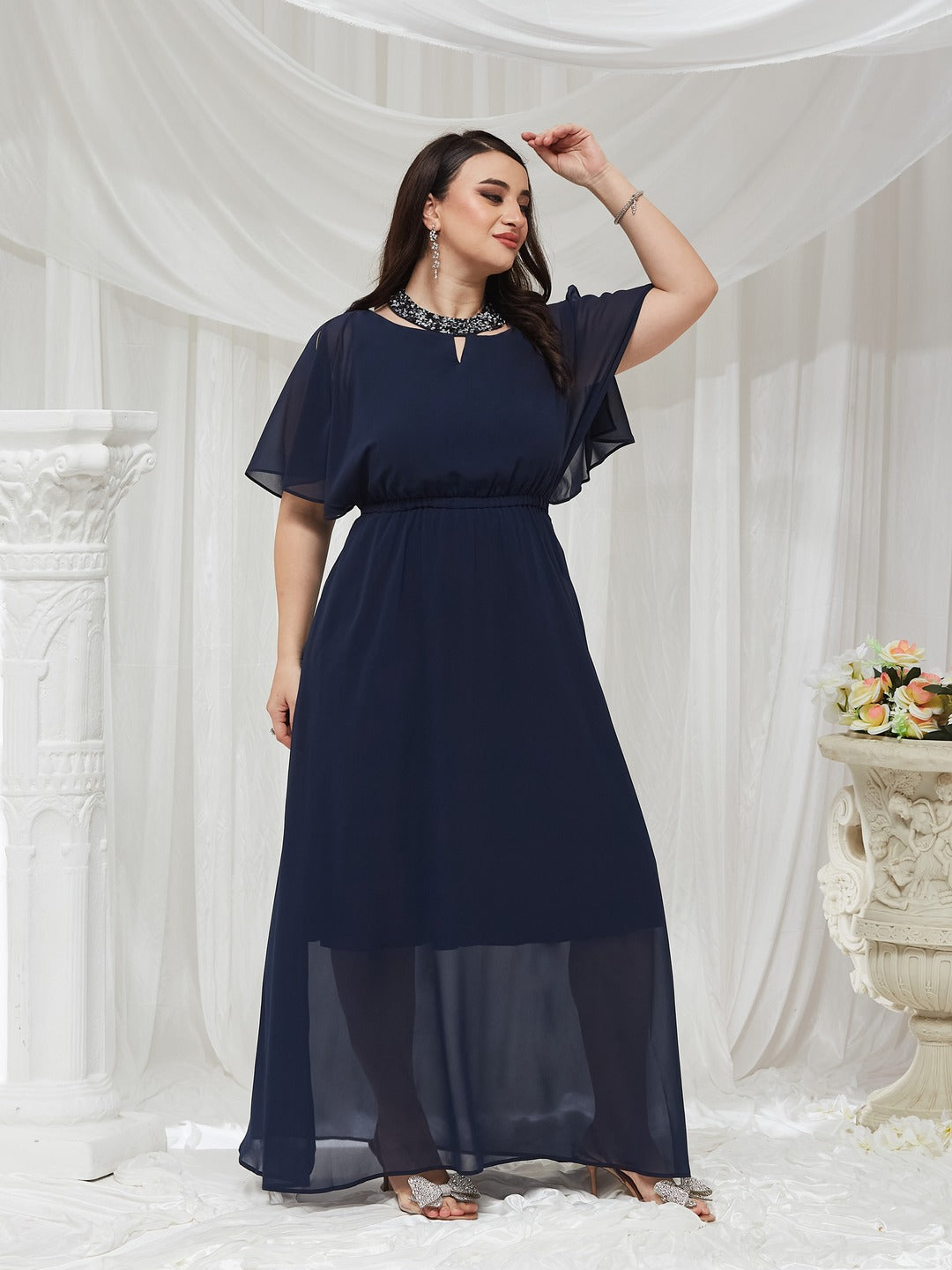 Navy Blue Round Neck Flared Solid Embellished Choker/Gathered Maxi Dress for Women