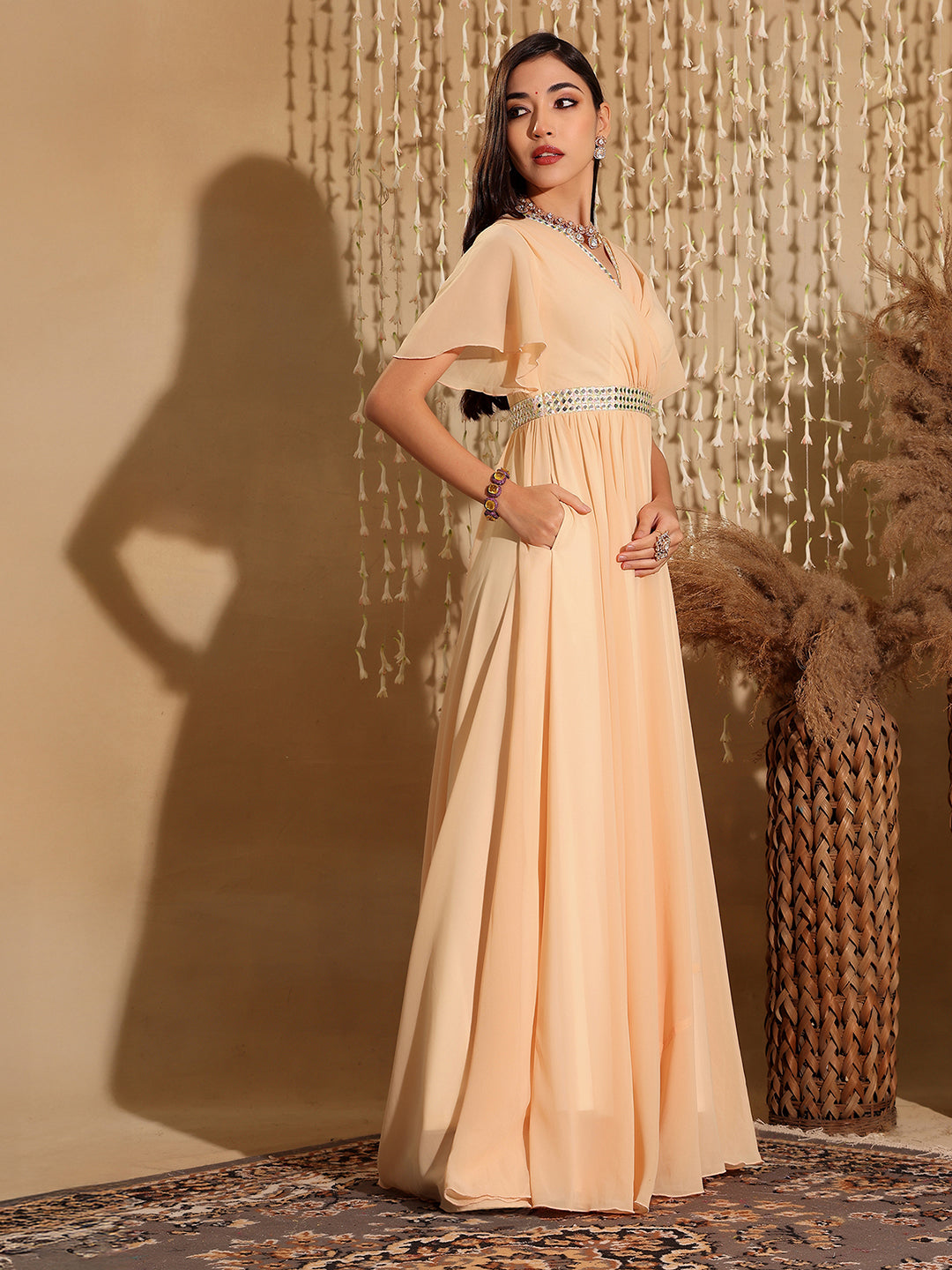 Women's Peach V-Neck Flared/ Bell Sleeves Georgette Solid Fit & Flare Maxi Dress