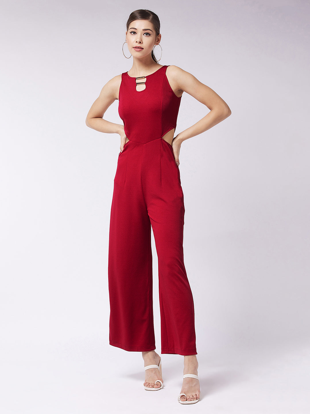 Crease Ease Women's Red Solid Slim Fit Round Neck Sleeveless Regular Length Waist Cut-Out Jumpsuit