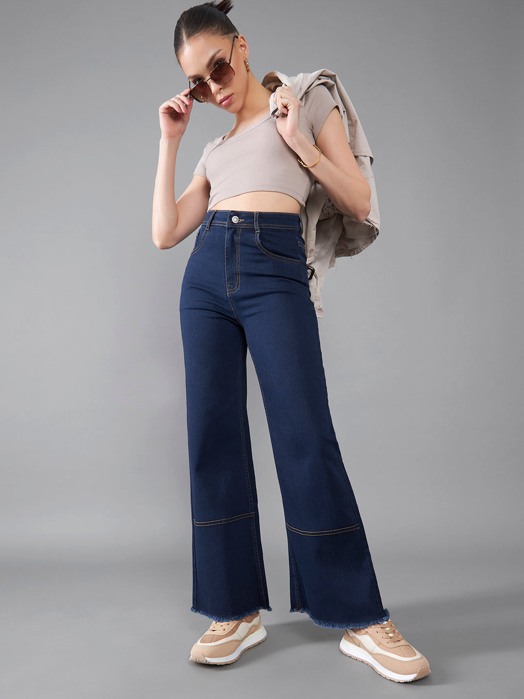 24/7 Comfort Women's Navy Blue Wide Leg High Rise Clean Look Regular Length Stretchable Denim Jeans