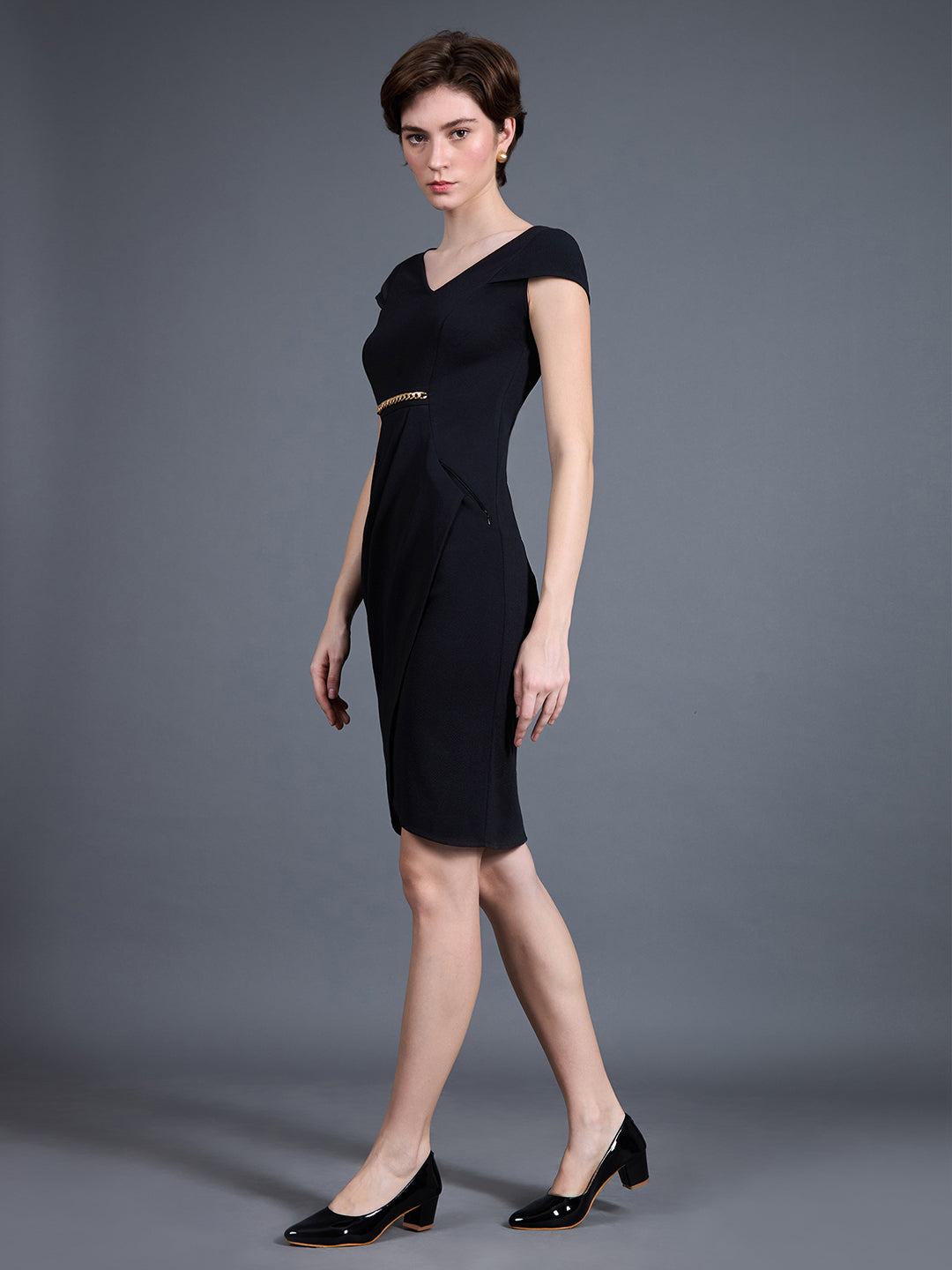 Women's Black Solid V Neck Cap Sleeves Polyester Side Pocketed Knee Long Dress