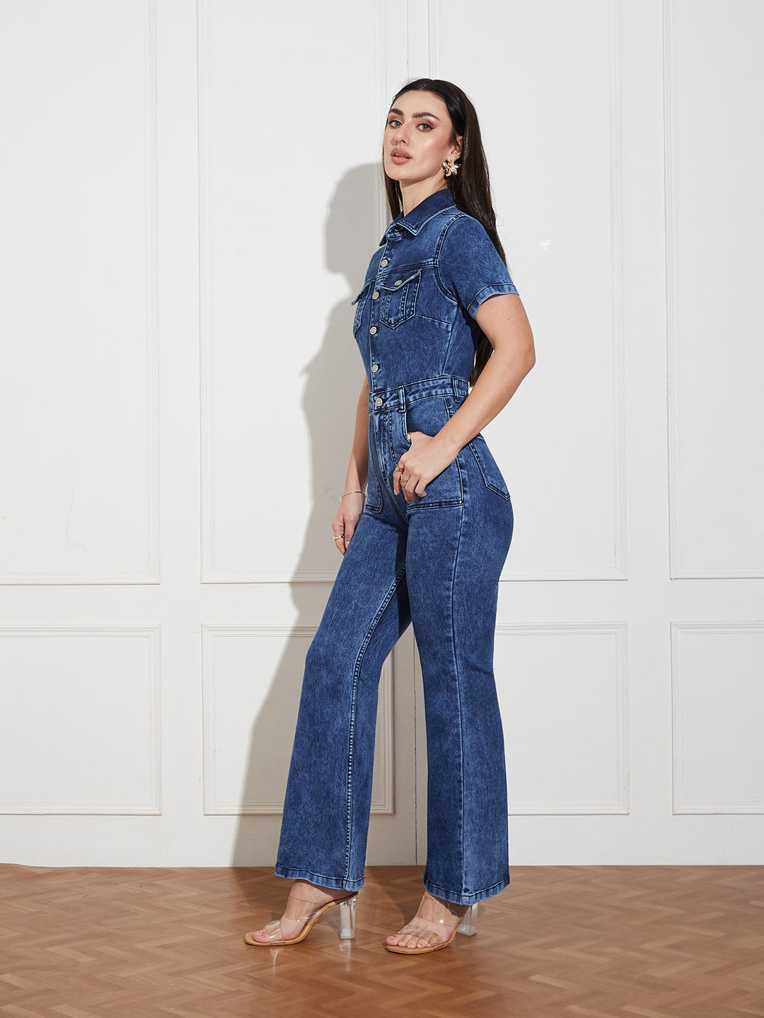 Women's Black Flared High Rise Regular Stretchable Denim Jumpsuit