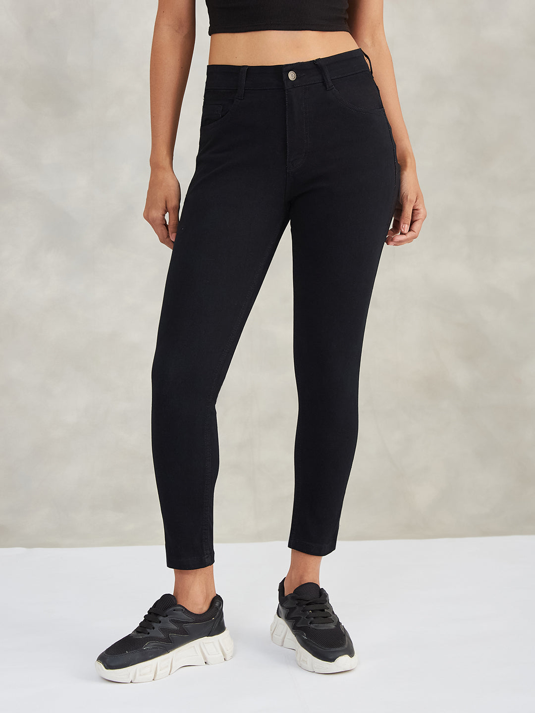 Women's Black Skinny High Rise Clean Look Cropped Stretchable Denim Jeans