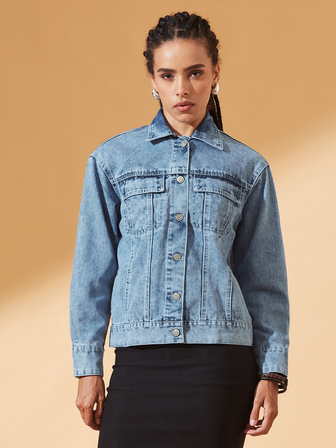Light-Blue Collared Full Sleeve Solid Classic Denim Jacket for Women