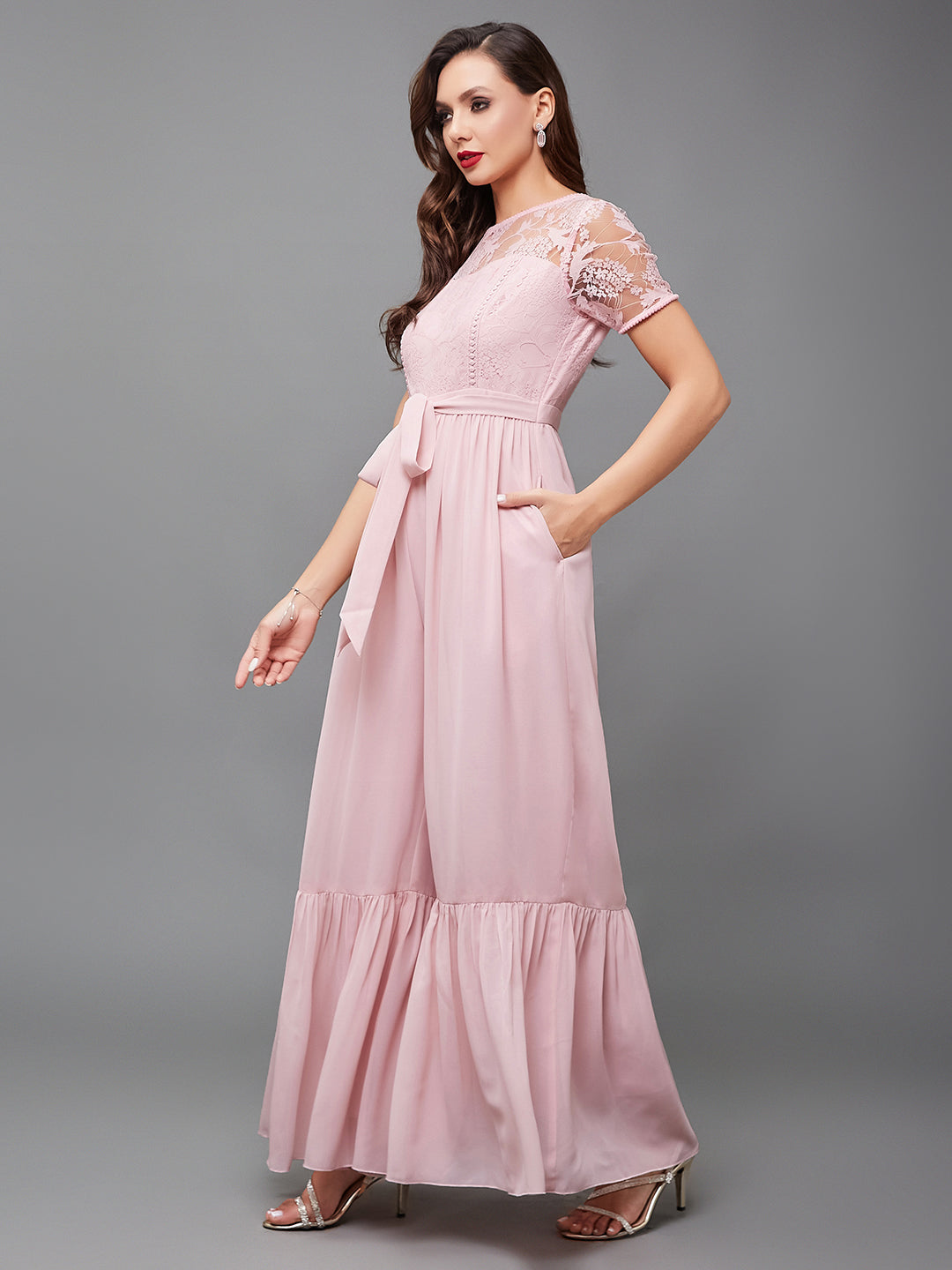 Women's Dusty Pink Round Neck Short Sleeve Solid Lace Overlaid Regular Jumpsuit
