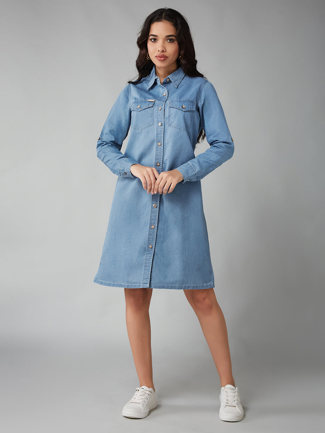 Women's Blue Relaxed Fit Clean Look Above Knee Denim Dress