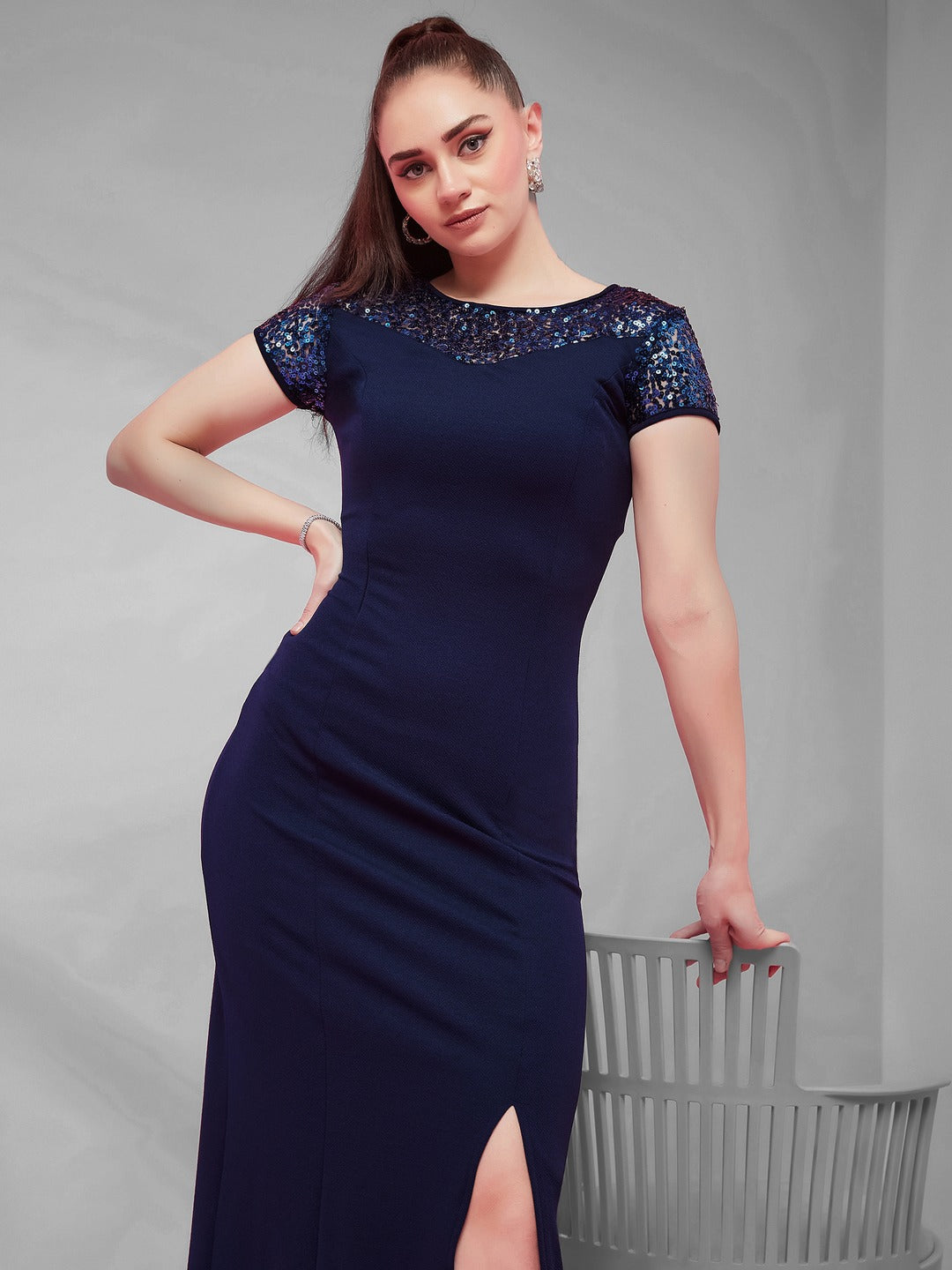 Navy Blue Round Neck Cap Sleeves Sequin Paneled Solid Bodycon Maxi Dress for Women