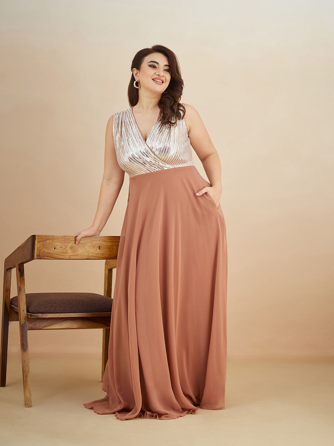 Dusty Peach V-Neck Sleeveless Embellished Wrap Maxi Georgette Dress for Women