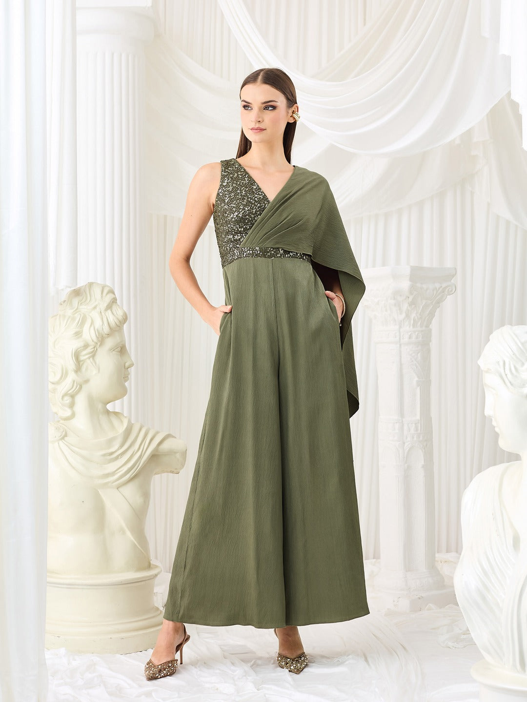 Embellished Satin Jumpsuit in Pale Olive with Draped Pleats for Women