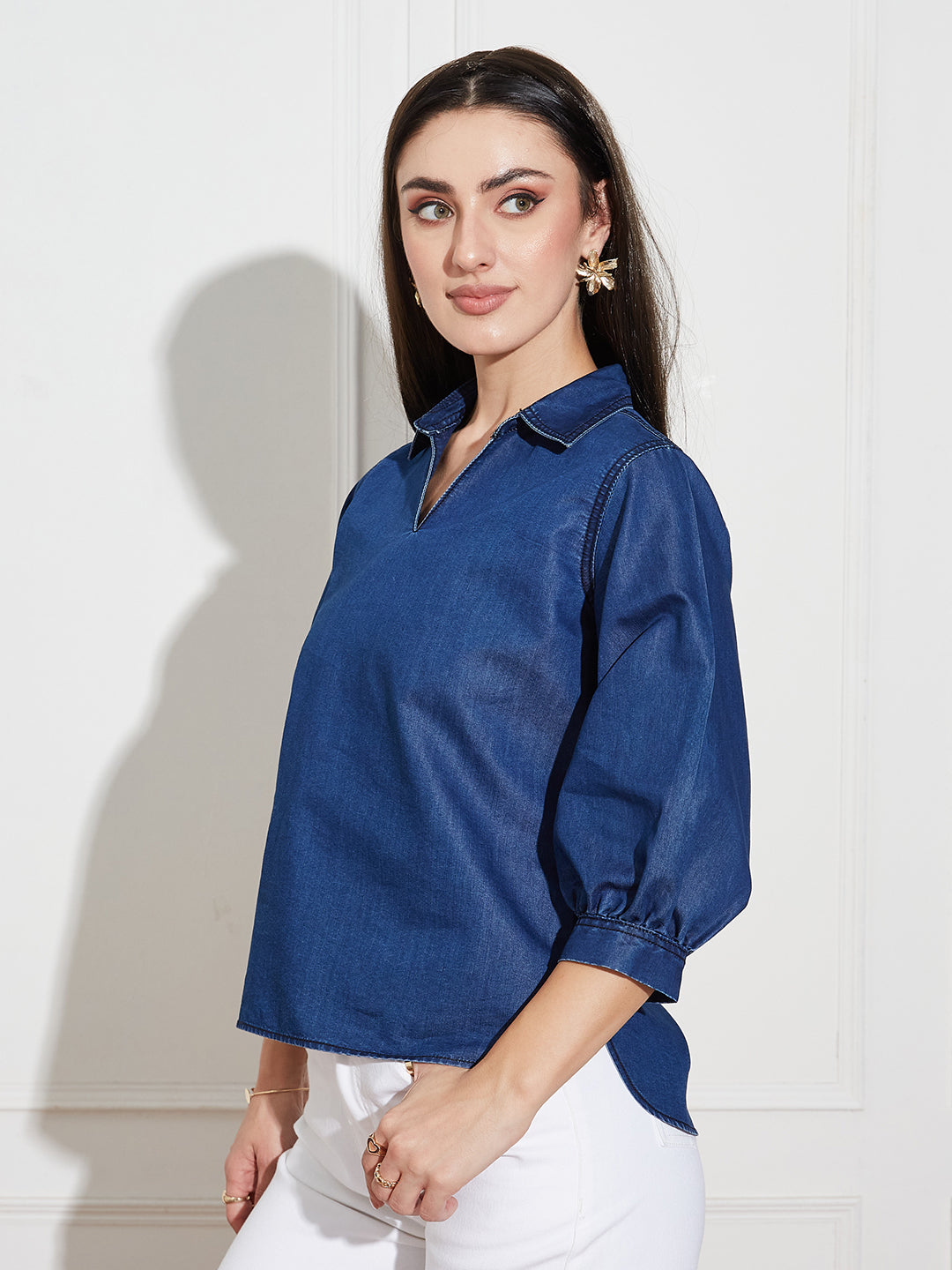 Women's Dark Blue Collar-Neck Puff-Sleeve Solid-Colored Light Weight Denim Tunic Top