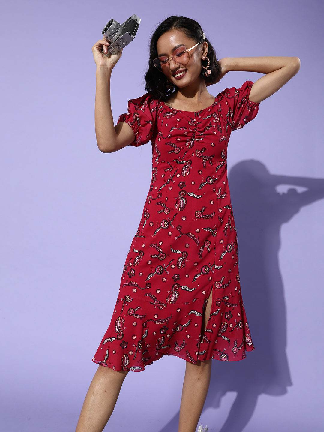 Women's Multicolored-Base-Dark Pink Sweetheart Half Sleeve Floral Fit & Flare Midi Dress