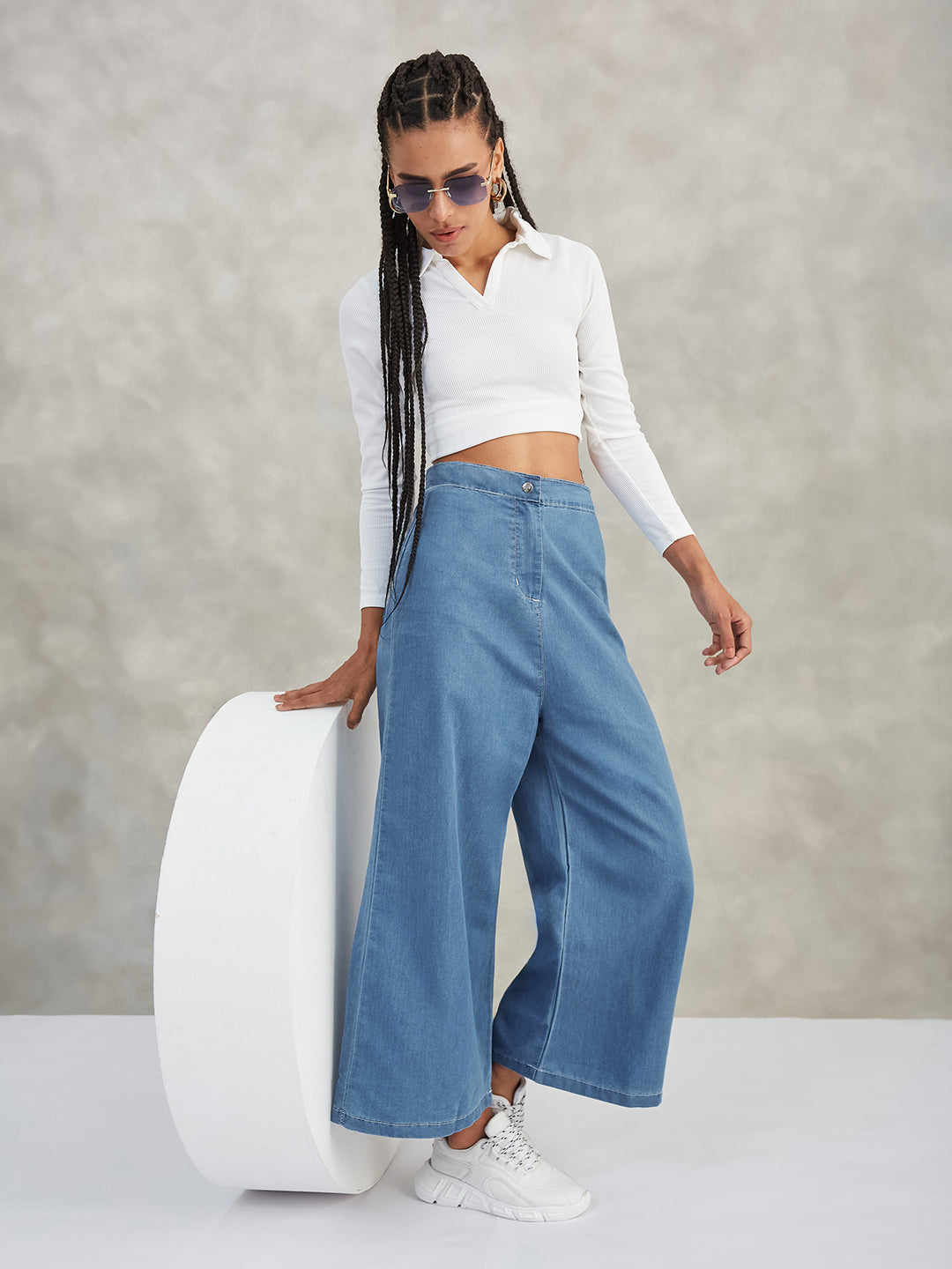 Women's Blue Flared Wide-Leg High-Rise Non-Stretchable Denim Pants