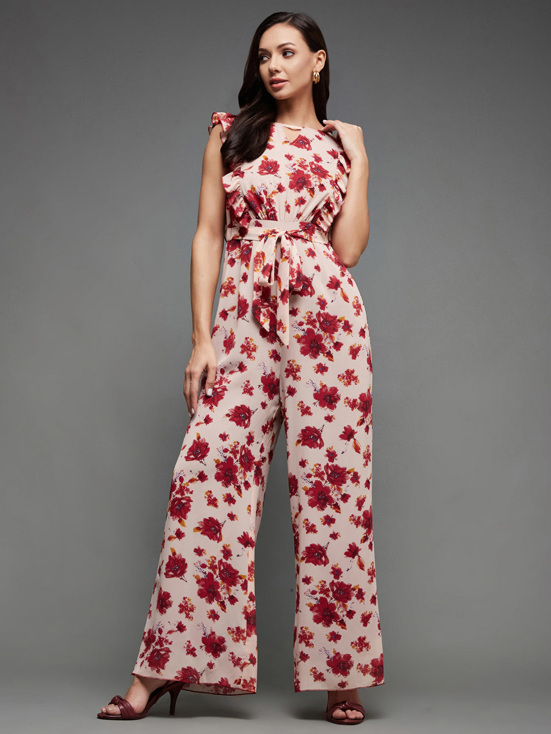 Women's Multicolored-Base-Light Pink Round neck Sleeveless Floral Wide Leg Regular Jumpsuit