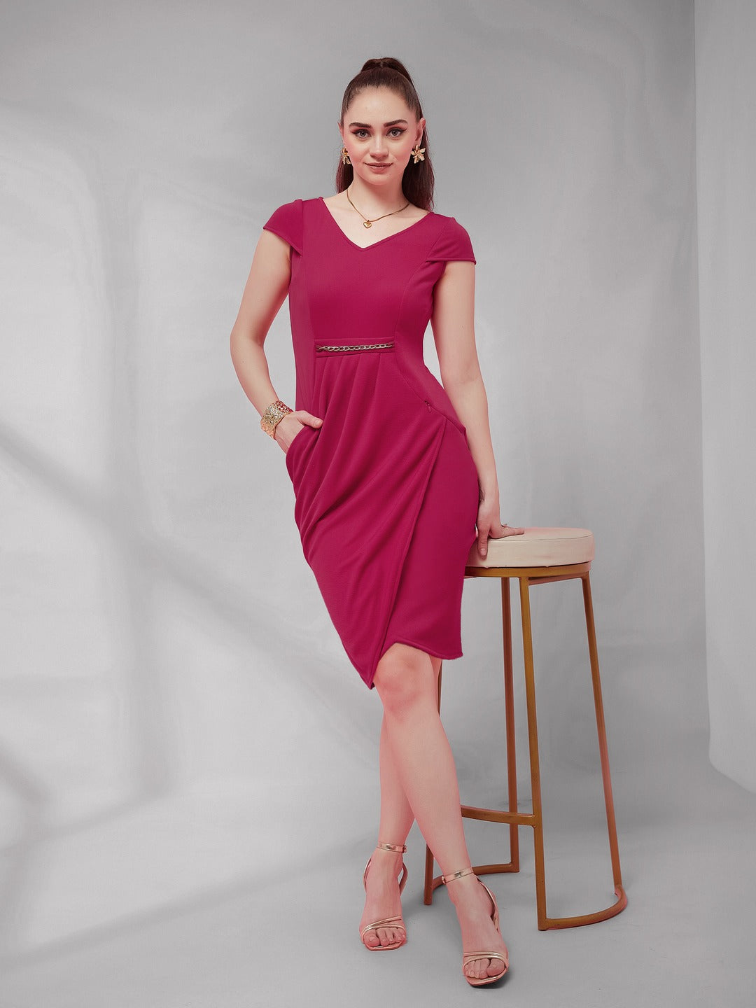 Pink Solid V Neck Cap Sleeves Polyester Side Pocketed Knee Long Dress for Women
