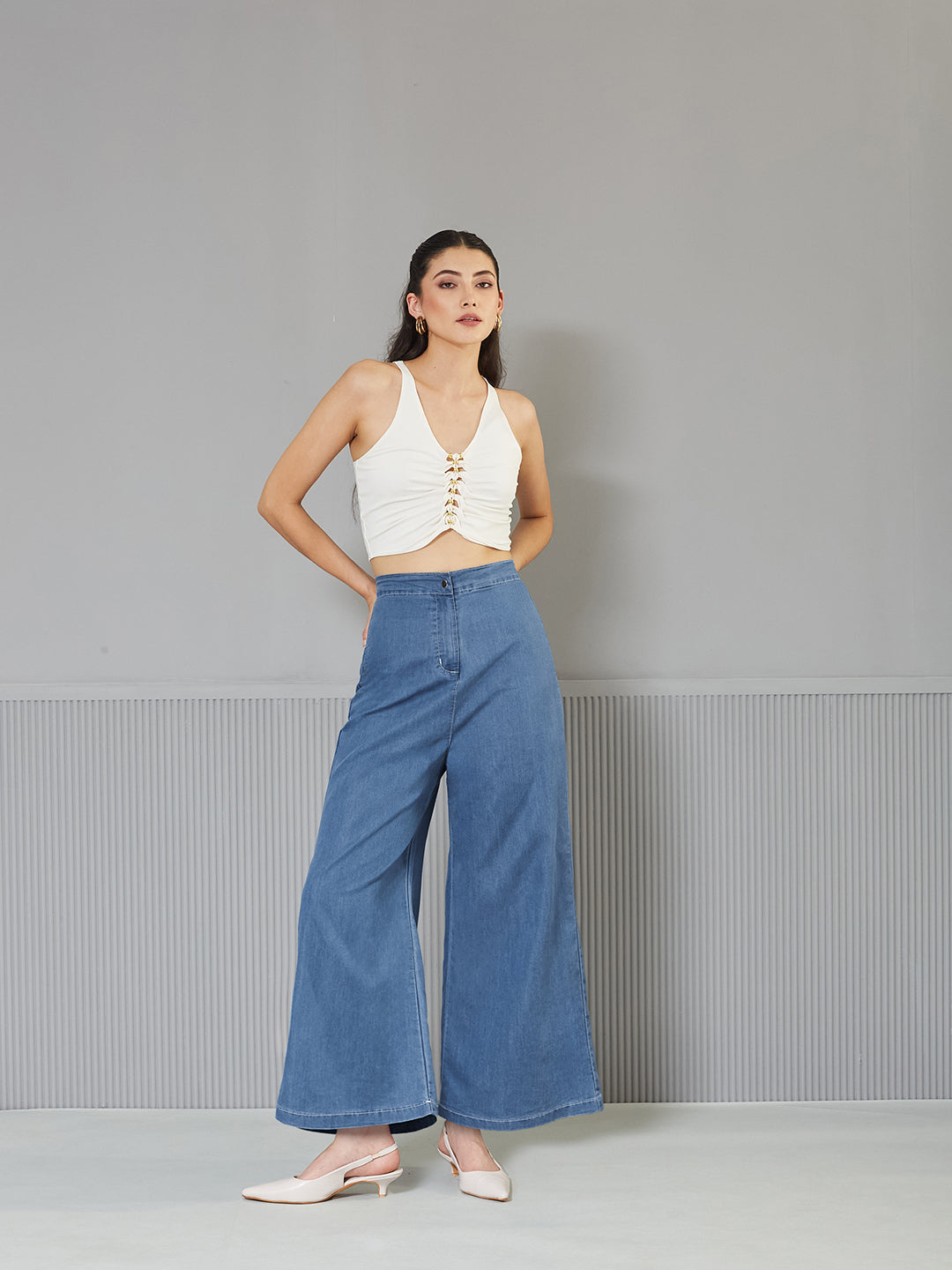 Women's Blue Flared Wide-Leg High-Rise Non Stretchable Light Weight Denim Pants