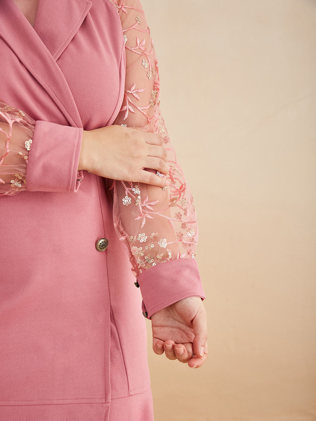 Dusty Pink & Golden Solid Embroidered Double Breasted Knee Length Dress for Women