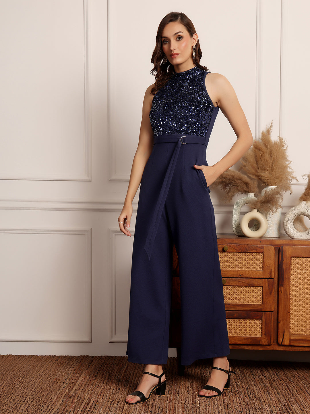Women's Navy Blue Halter-Neck Sleeveless Embellished Jumpsuit
