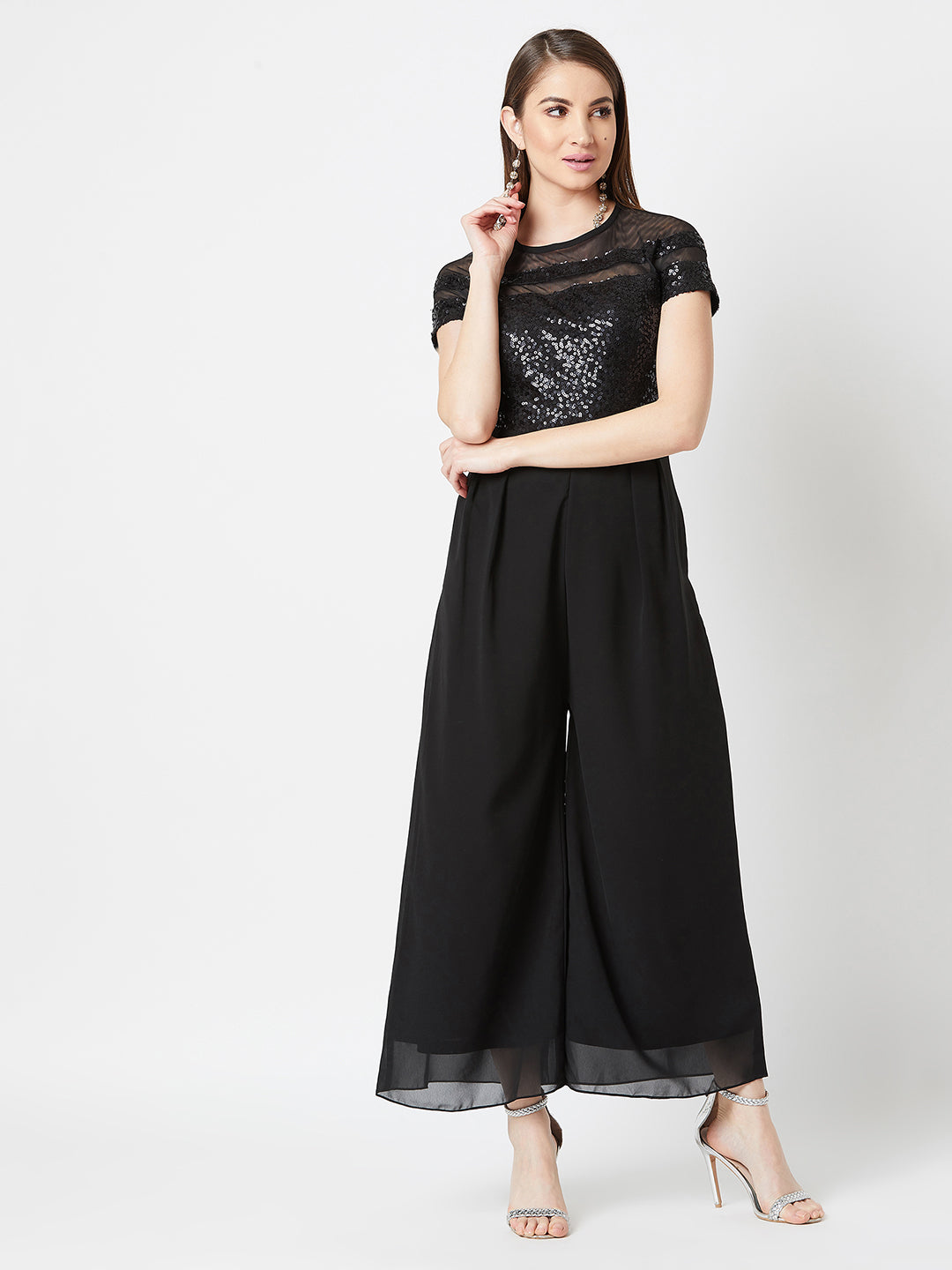 Women's Black Round Neck Short Sleeve Solid Paneled Regular Length Jumpsuit