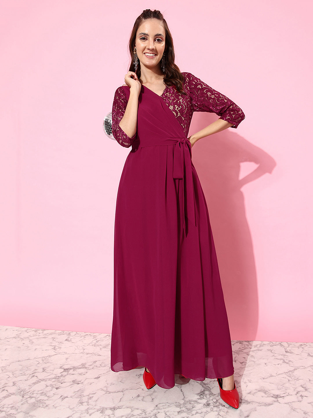 Dark Pink Long Sleeves Lace Wrap Maxi Dress Long Dress Frock for Women 