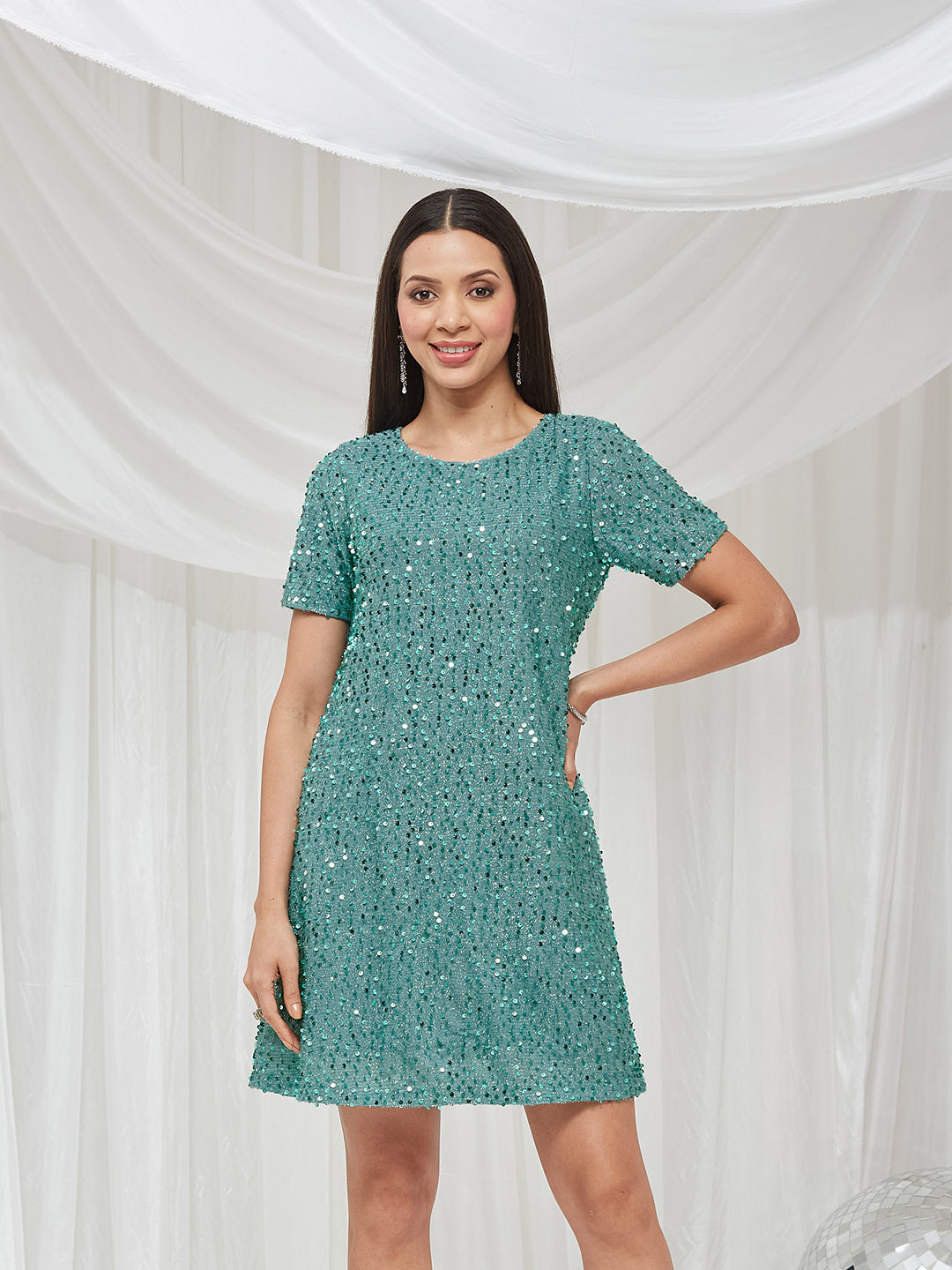 turquoise Round Neck Half Sleeve Embellished A-Line/ T-Shirt Knee-Long Sequined Dress for Women — Miss Chase