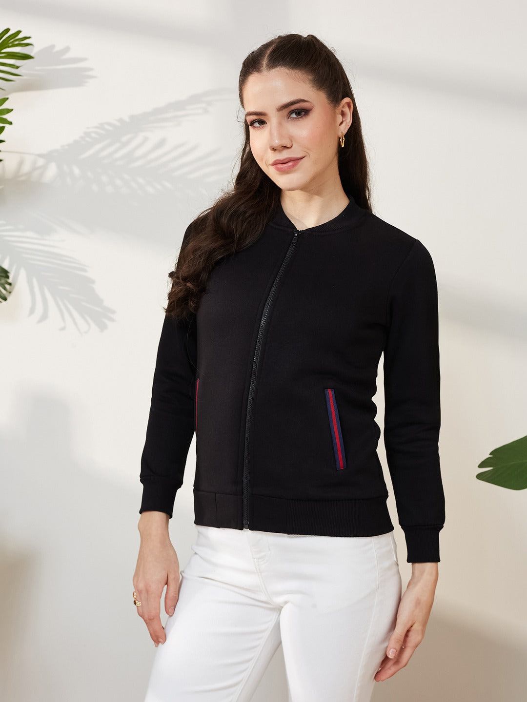 Black Round Neck Full Sleeve Cotton Solid Multicolored Twill Tape Detailing Bomber Jacket for Women