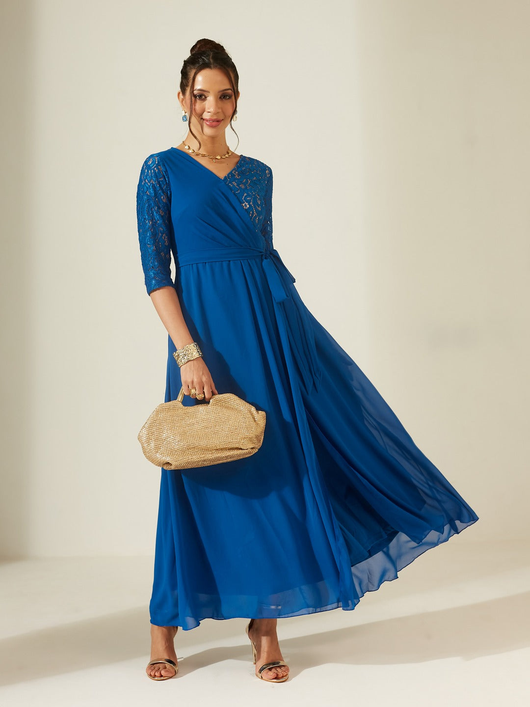 Royal Blue V-Neck 3/4 Sleeve Self-Designed Wrap-Styled Georgette Maxi Dress for Women
