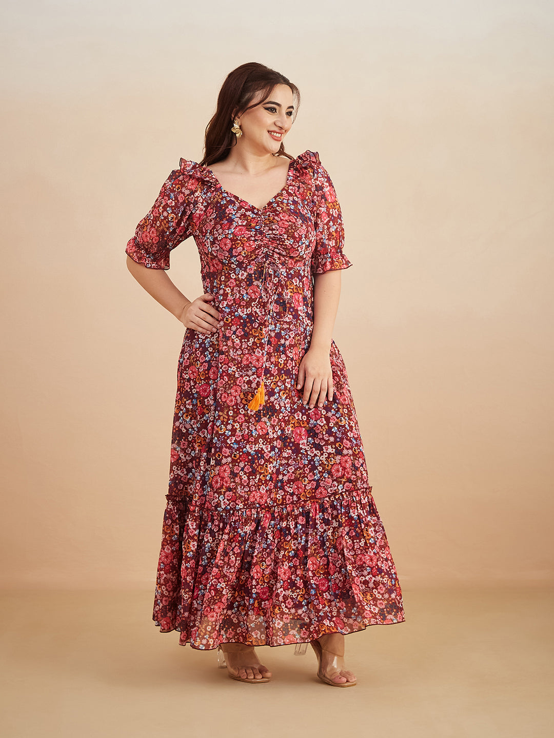 Multicolored-Base-Wine V-Neck Puff Sleeve Floral Ruching Ankle-Length Dress for Women