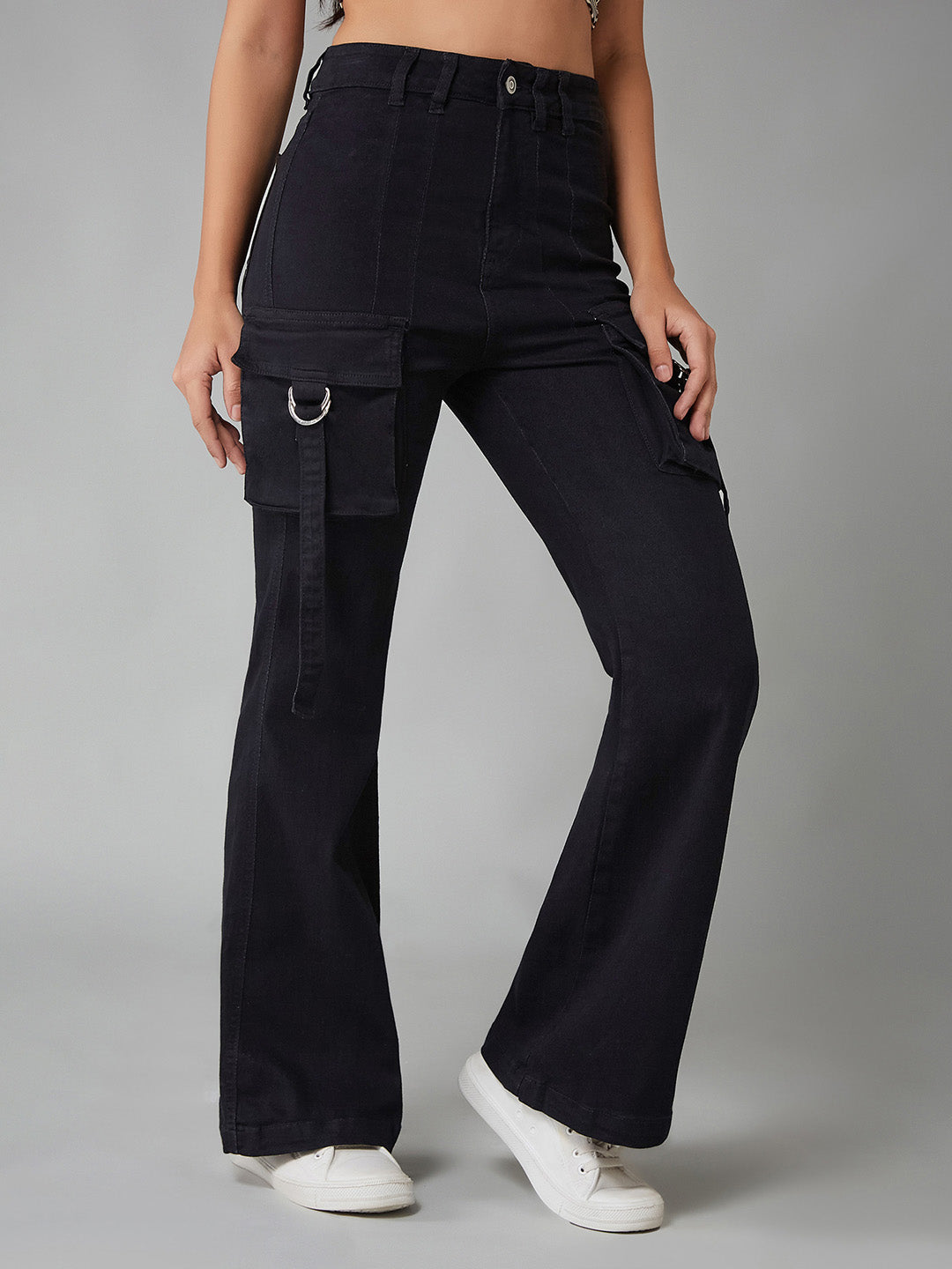 Women's Black Bootcut High-Rise Clean-Look Regular-Length Stretchable Denim Jeans