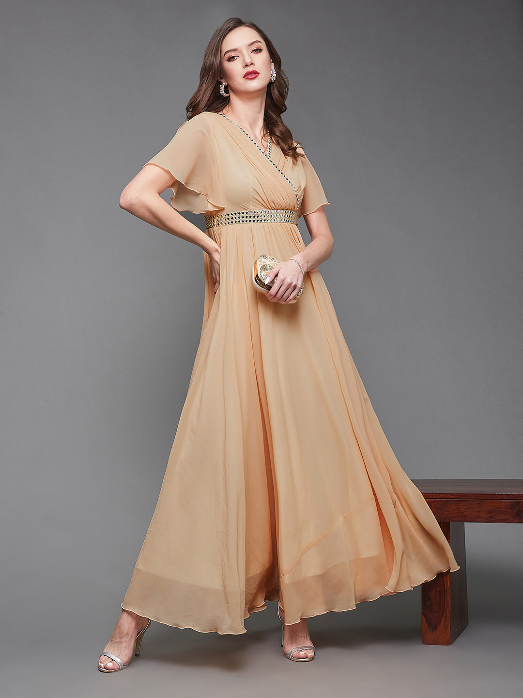 Women's Peach V-Neck Flared Georgette Solid Fit & Flare Maxi Dress