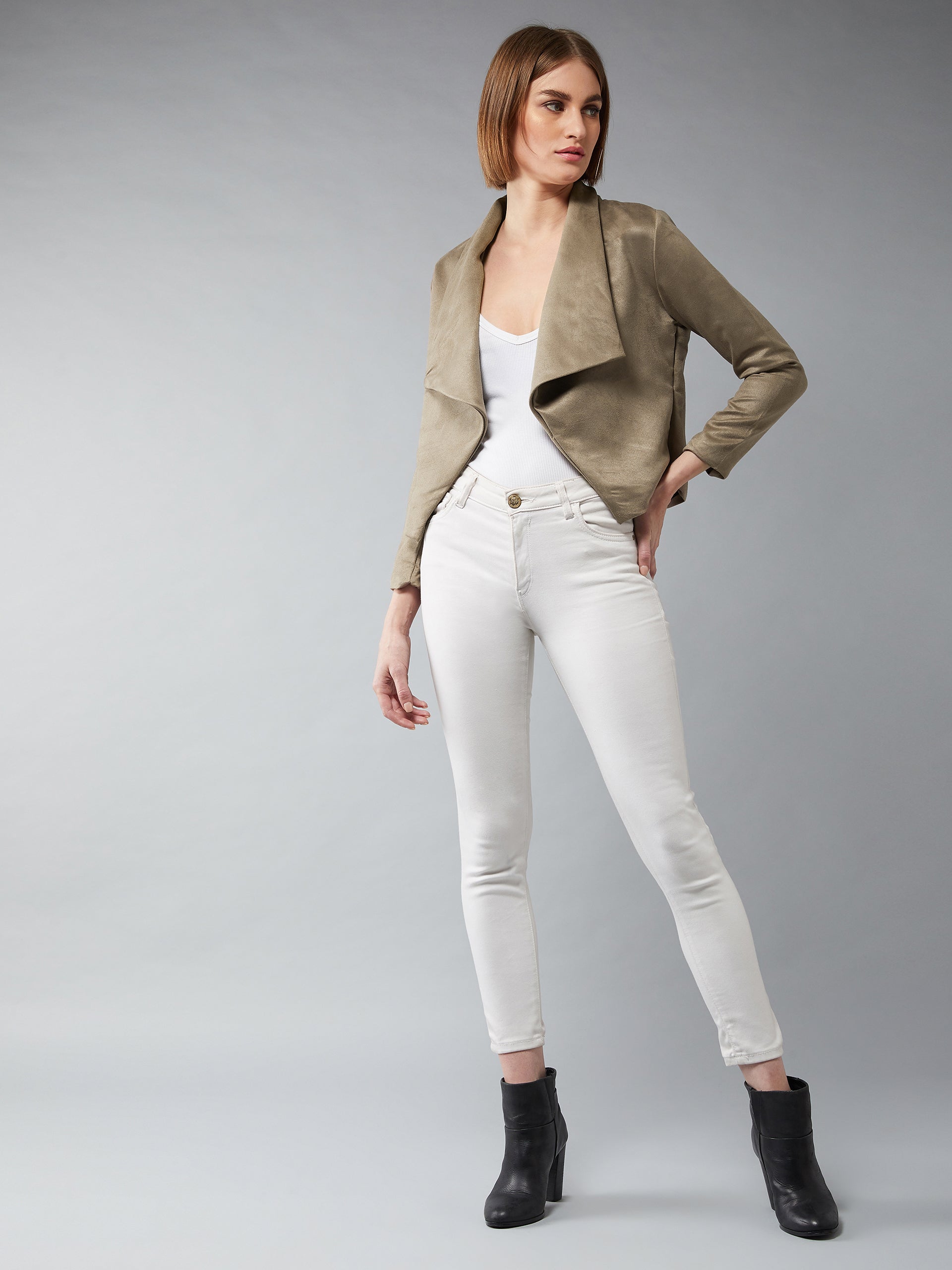 Women's Olive Green Open-Front Full Sleeves Solid Waterfall Regular Length Jacket