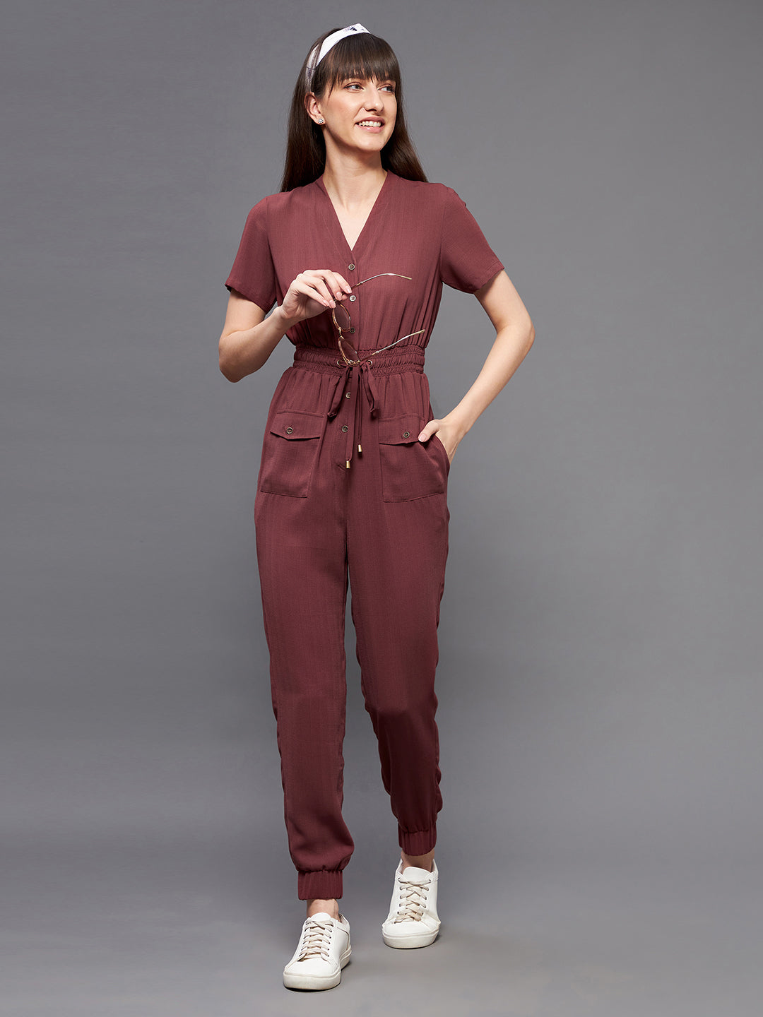 Women's Light Burgundy V-Neck Short Sleeve Solid Straight Leg Polyester Regular Jumpsuit