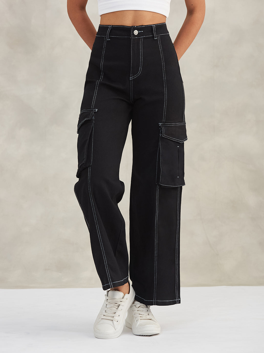 Women's Black Wide-Leg High-Rise Clean-Look Regular-Length Stretchable Patch-Pocketed Denim Jeans