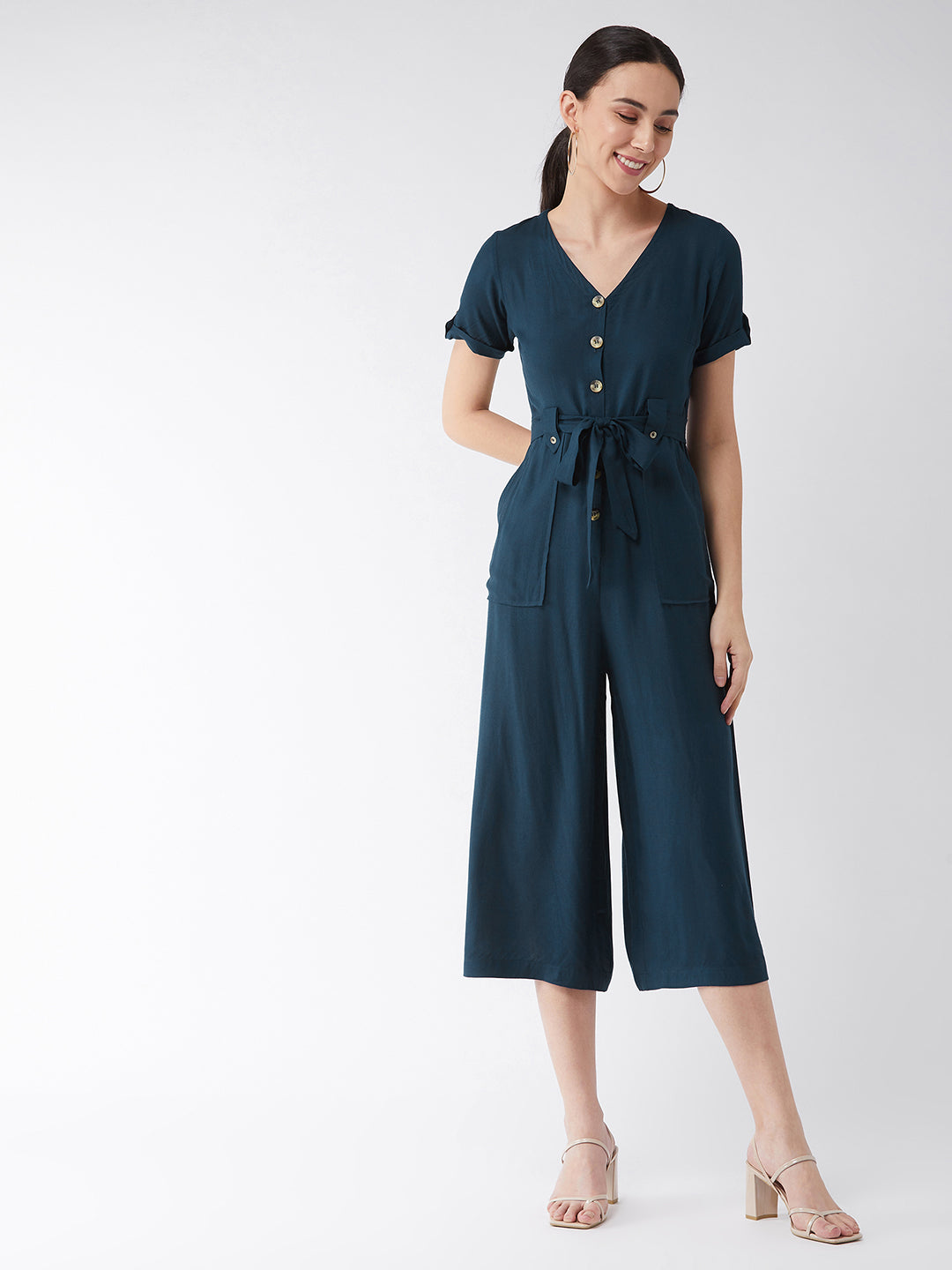 Women's Blue Solid Rayon Regular Fit V Neck Half Sleeve Crop Length Jumpsuit